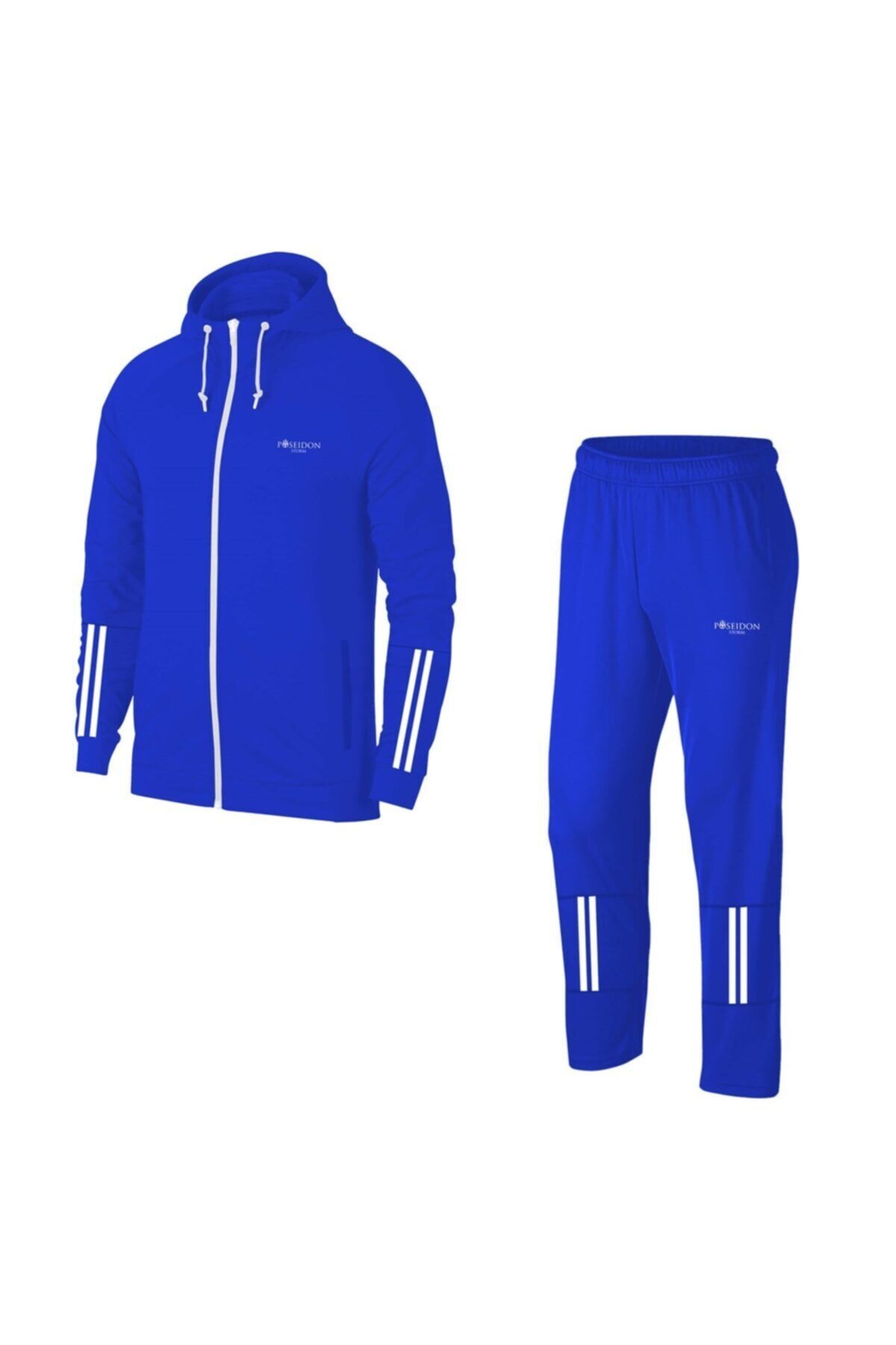 POSEIDONSTORM Büyük Beden Erkek Mavi Günlük Sporcu Eşofman Takımı 4xl-10xl - Kolları Yarım Çift Şerit - M16