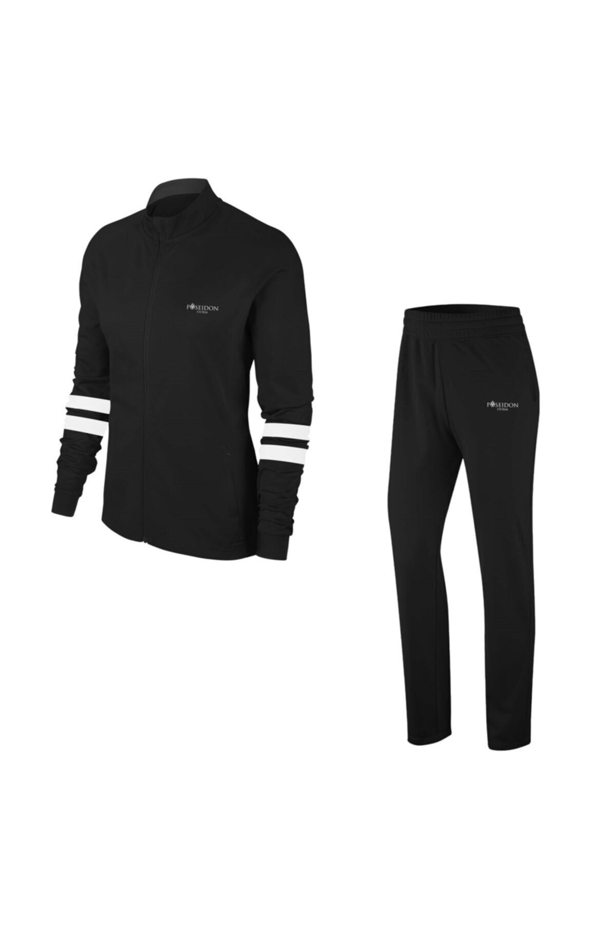 POSEIDONSTORM Büyük Beden Kadın Siyah Günlük Sporcu Eşofman Takımı 4xl-8xl Beyaz Iki Bant - M3