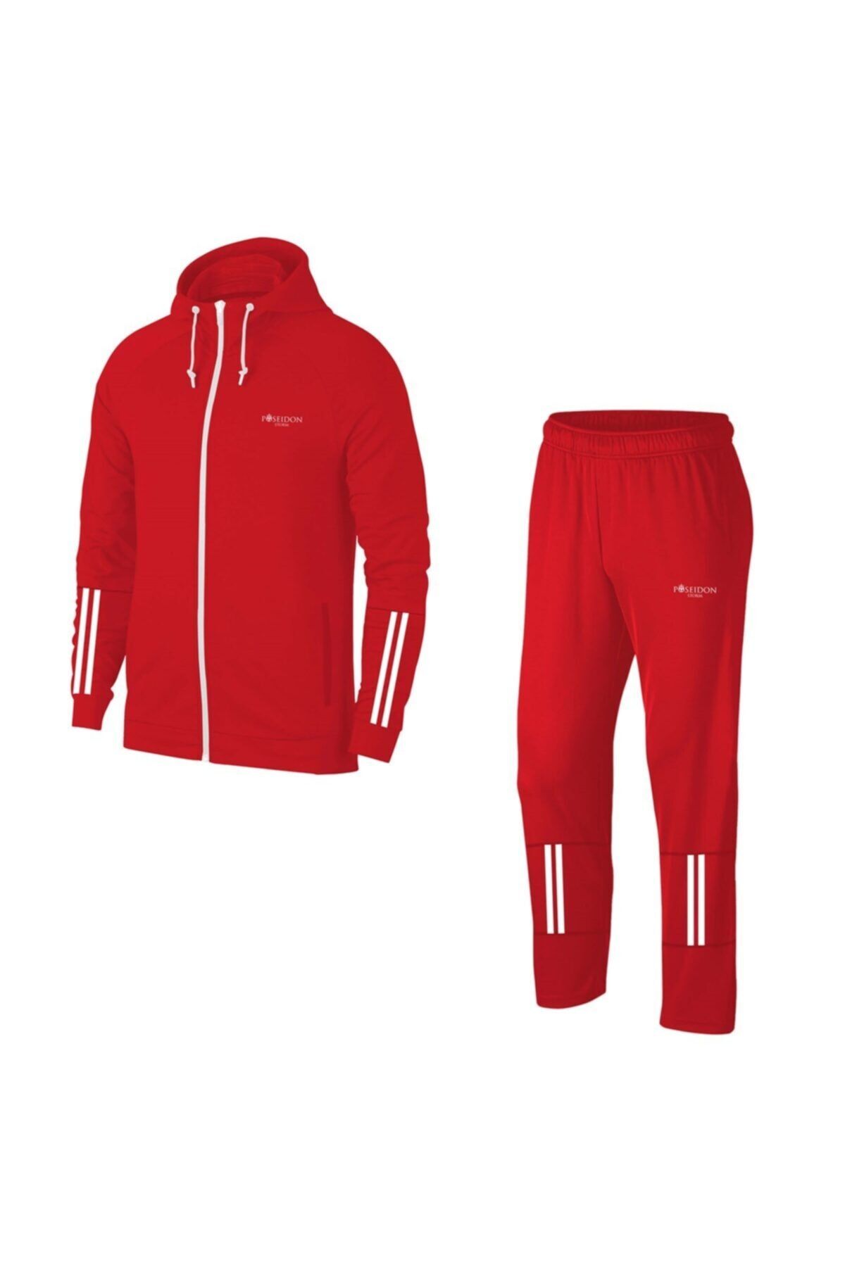 POSEIDONSTORM Büyük Beden Erkek Kırmızı Günlük Sporcu Eşofman Takımı 4xl-10xl - Kolları Yarım Çift Şerit - M16