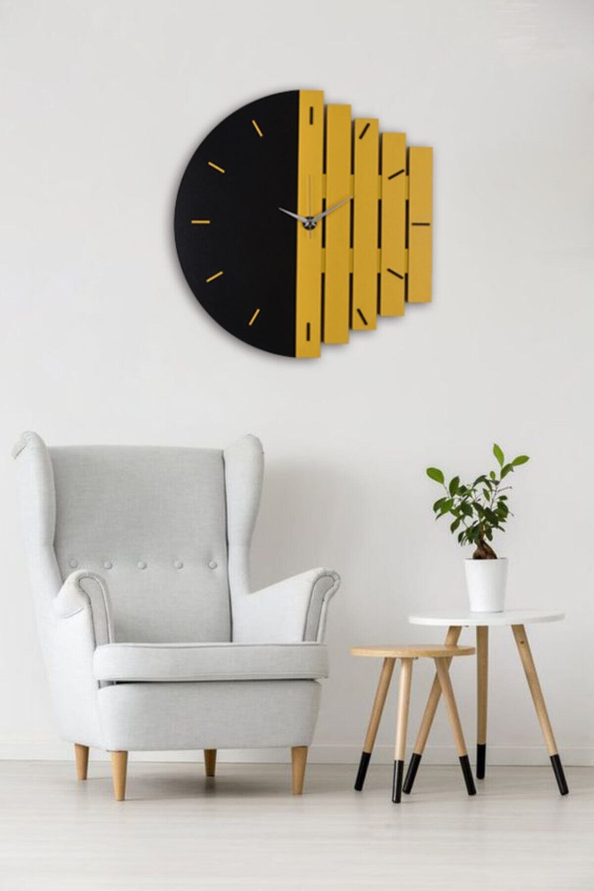 İnfigo Concept Ahşap Lazer Kesim Sarı Duvar Saati 50 cm Ritim