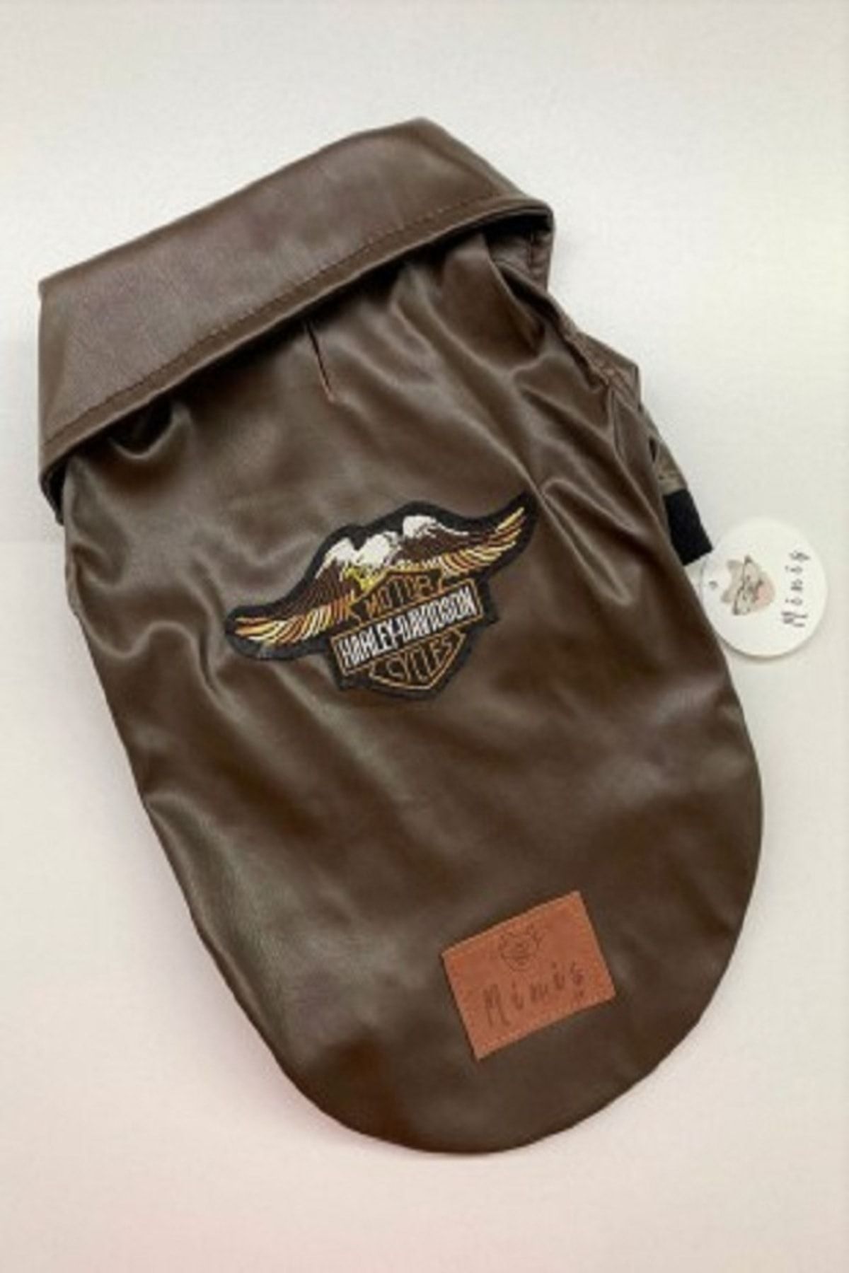 MİNİŞ PET BUTİK Kahverengi Harley Nakışlı Deri Mont