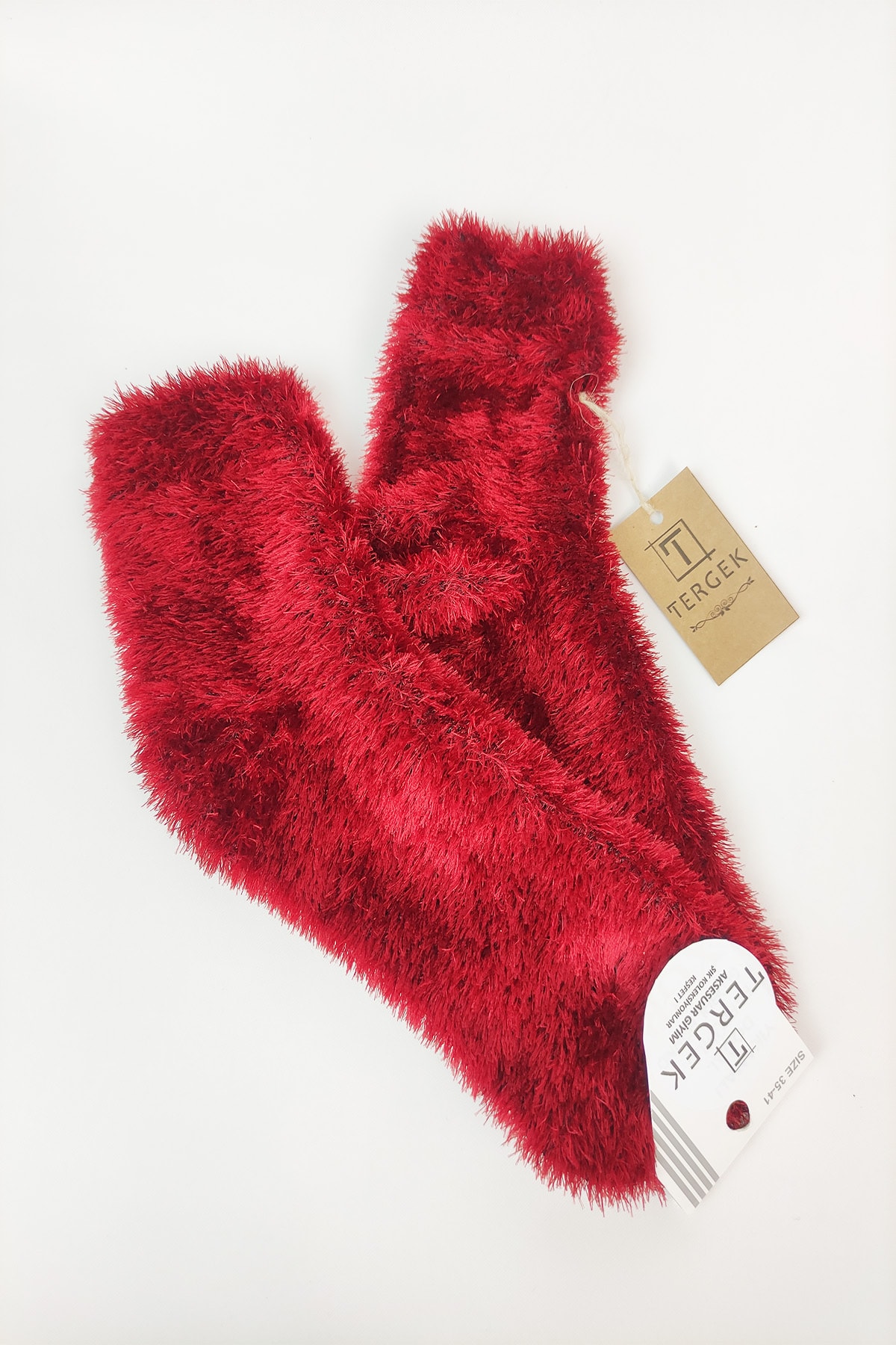 Tergek Şık Tüylü Ev Çorabı Kışlık Yılbaşı Parti Çorabı Kırmızı