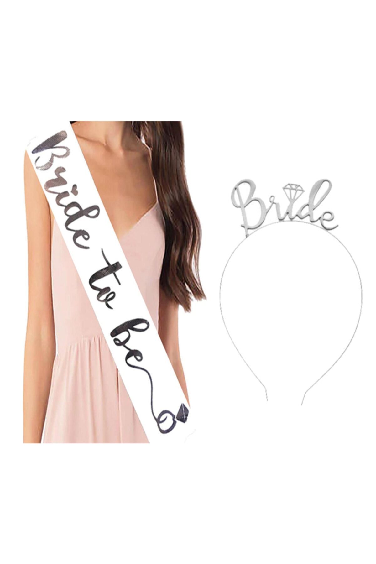 angel store Bride To Be Gelin Kuşağı Bride To Be Metal Taç Seti Gümüş Renk