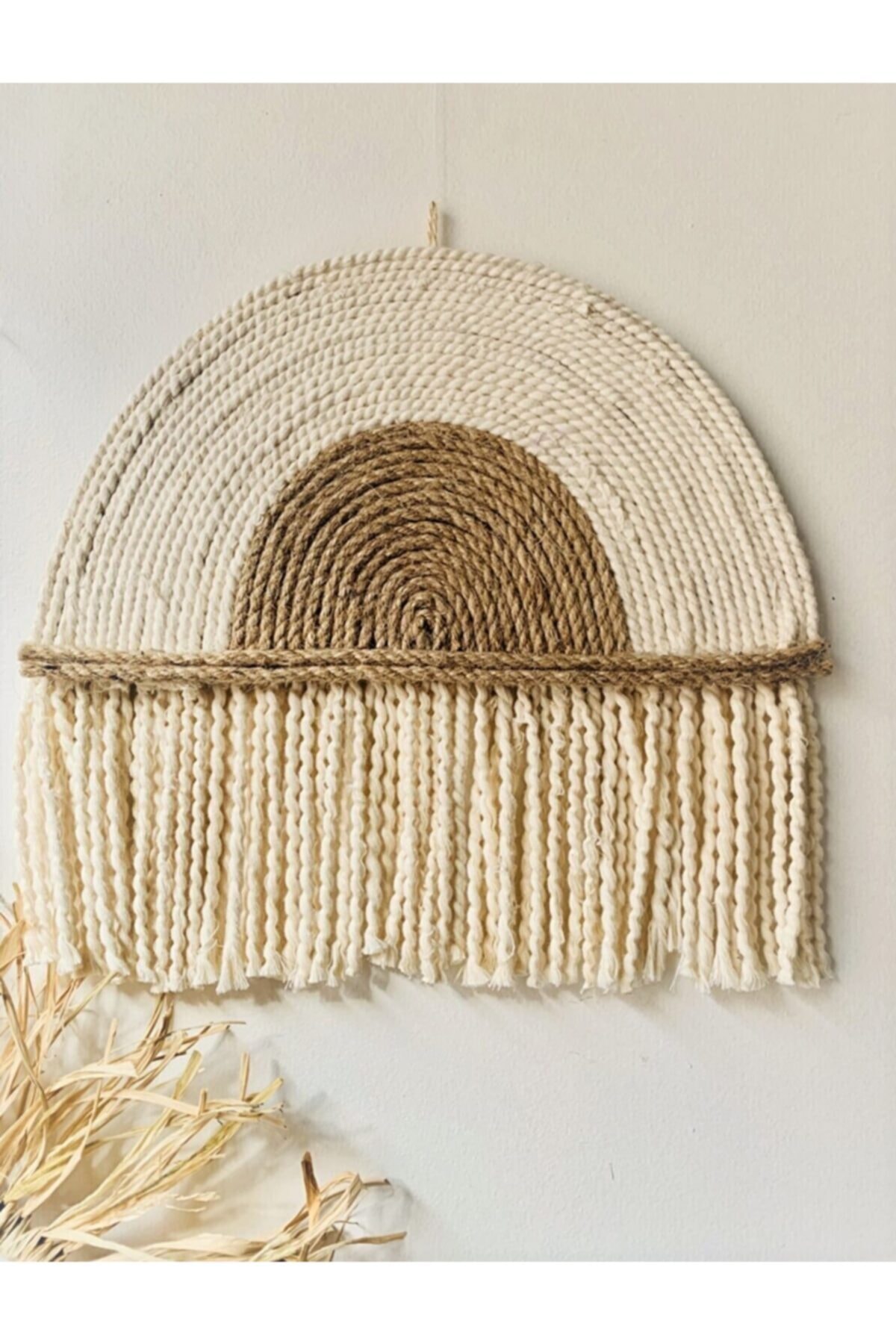 Bohem Shop El Yapımı Hasır Makrome Orta Boy Duvar Dekoru Yarım Daire- 30x35 Cm