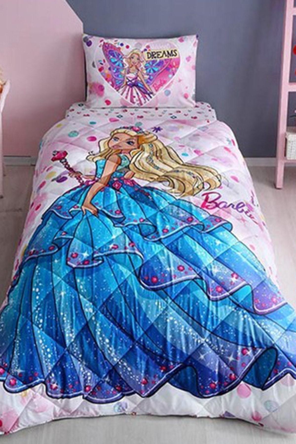 Taç Pembe Barbie Lisanslı Tek Kişilik Yorgan Seti