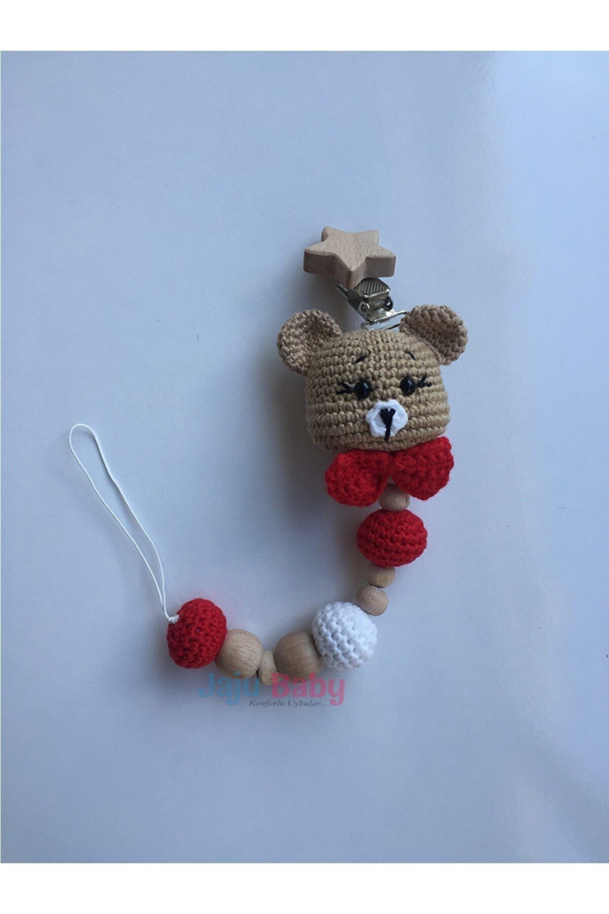 Jaju Baby Amigurumi Kırmızı Ayıcık Emzik Zinciri 22 Cm