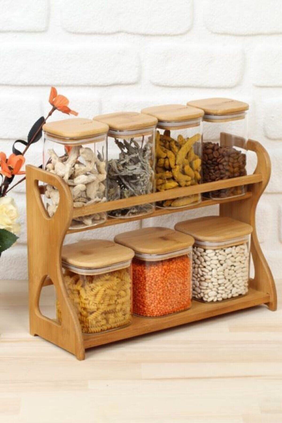 Buffo Shop Barok Bambu Standlı 7 Parça Cam Baharat Takımı