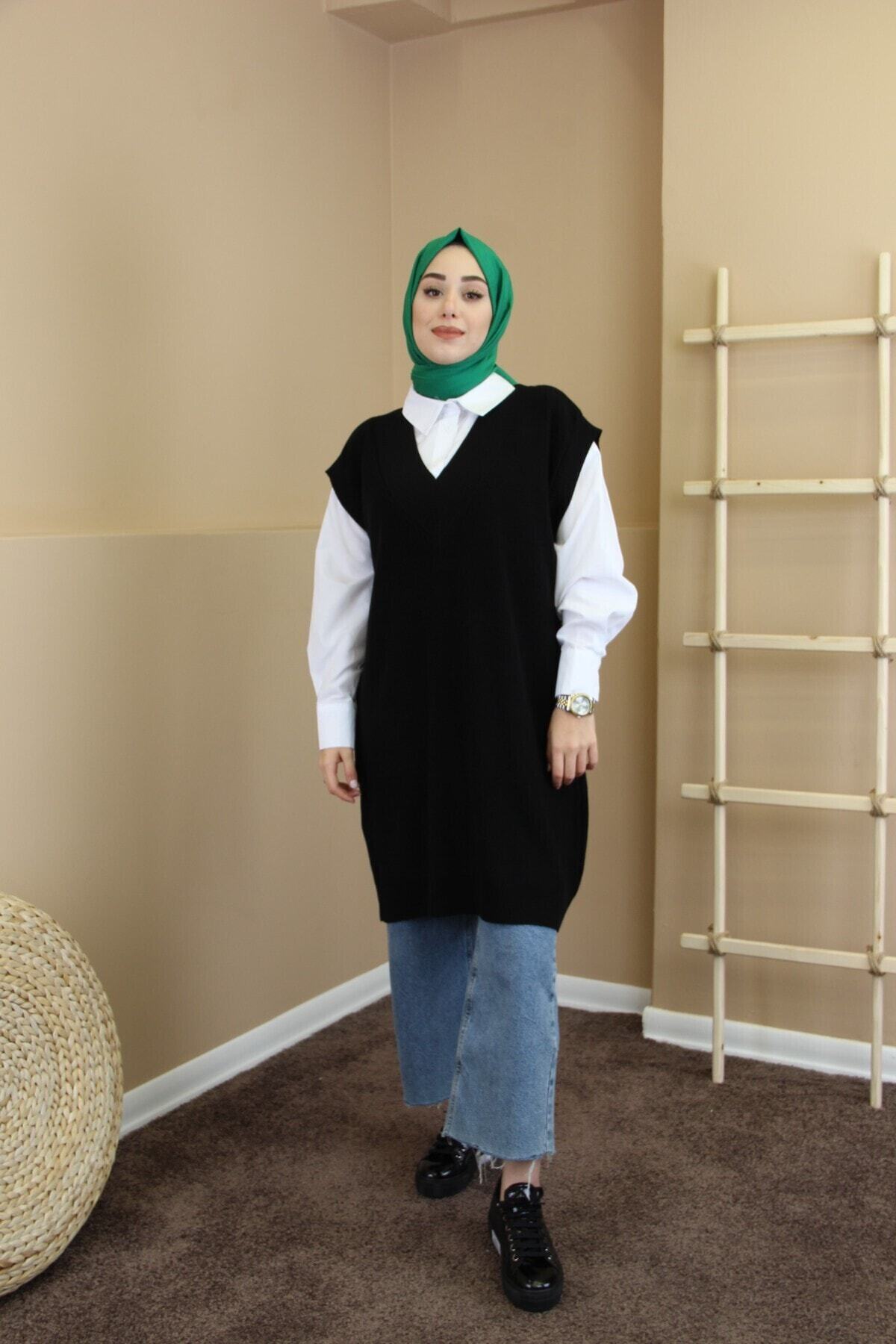 Esvet Kadın Siyah Tesettür V-yaka Fitilli Uzun Triko Örme Süveter