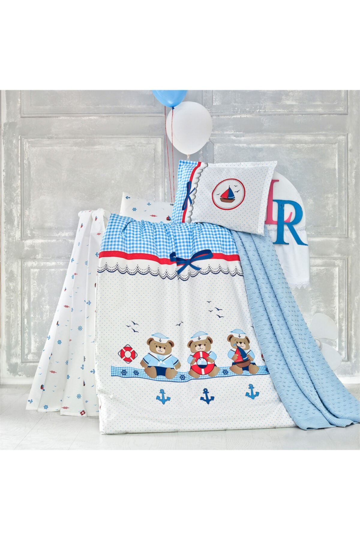 AGES ANGELS %100 Pamuk Battaniyeli Bebek Nevresim Takımı Sailor Mavi