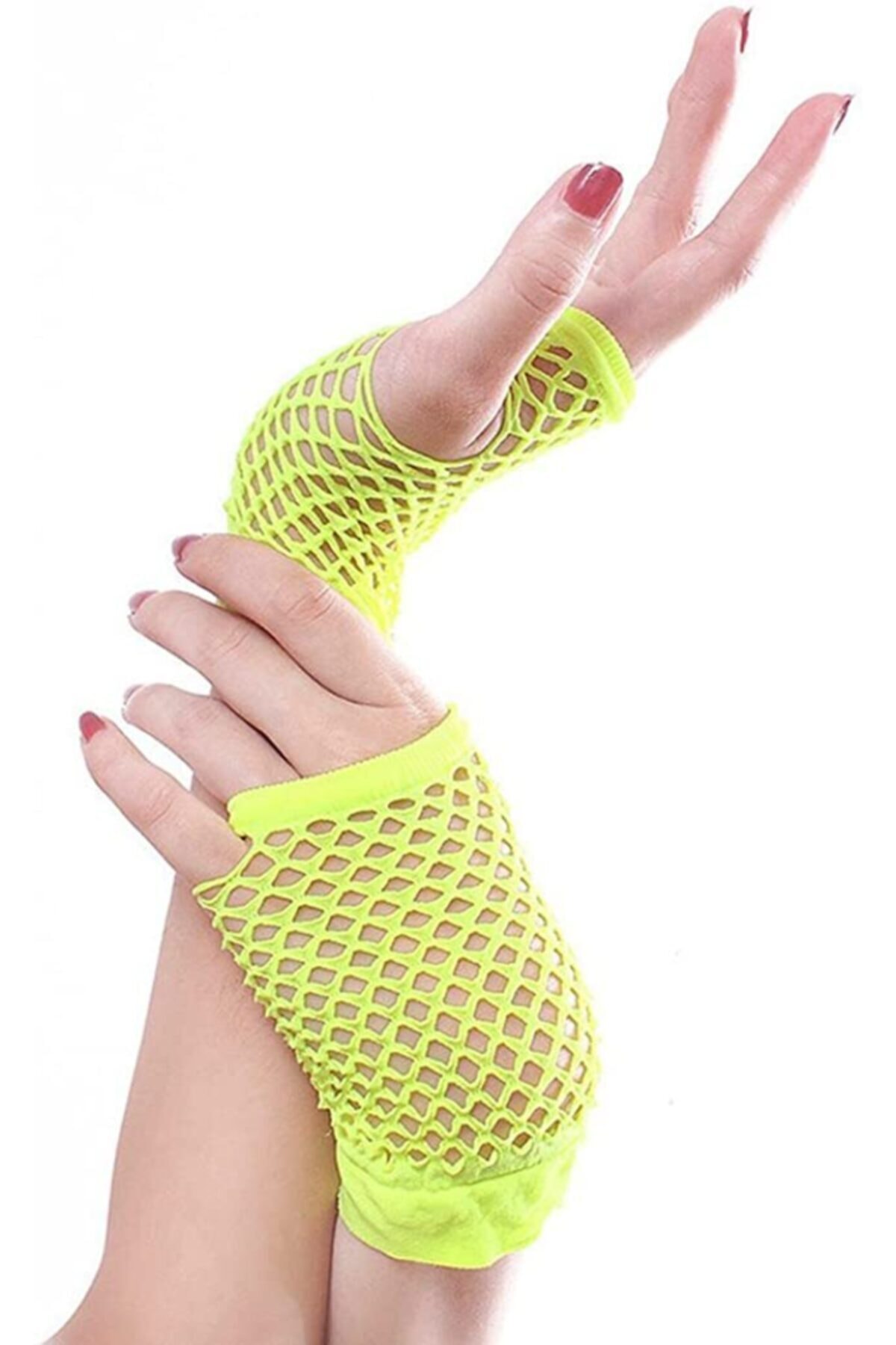 EvimShopping Neon Sarı Renk Kısa Boy Fileli Örgü Eldiven