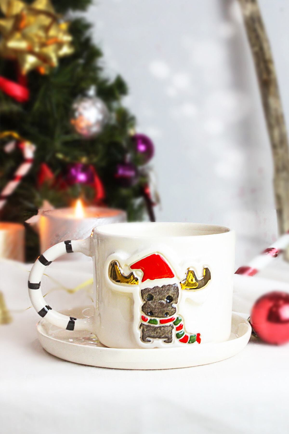 ada mia seramik Ren Geyiği Figürlü 24k Altın Dekorlu El Yapımı Seramik Mug