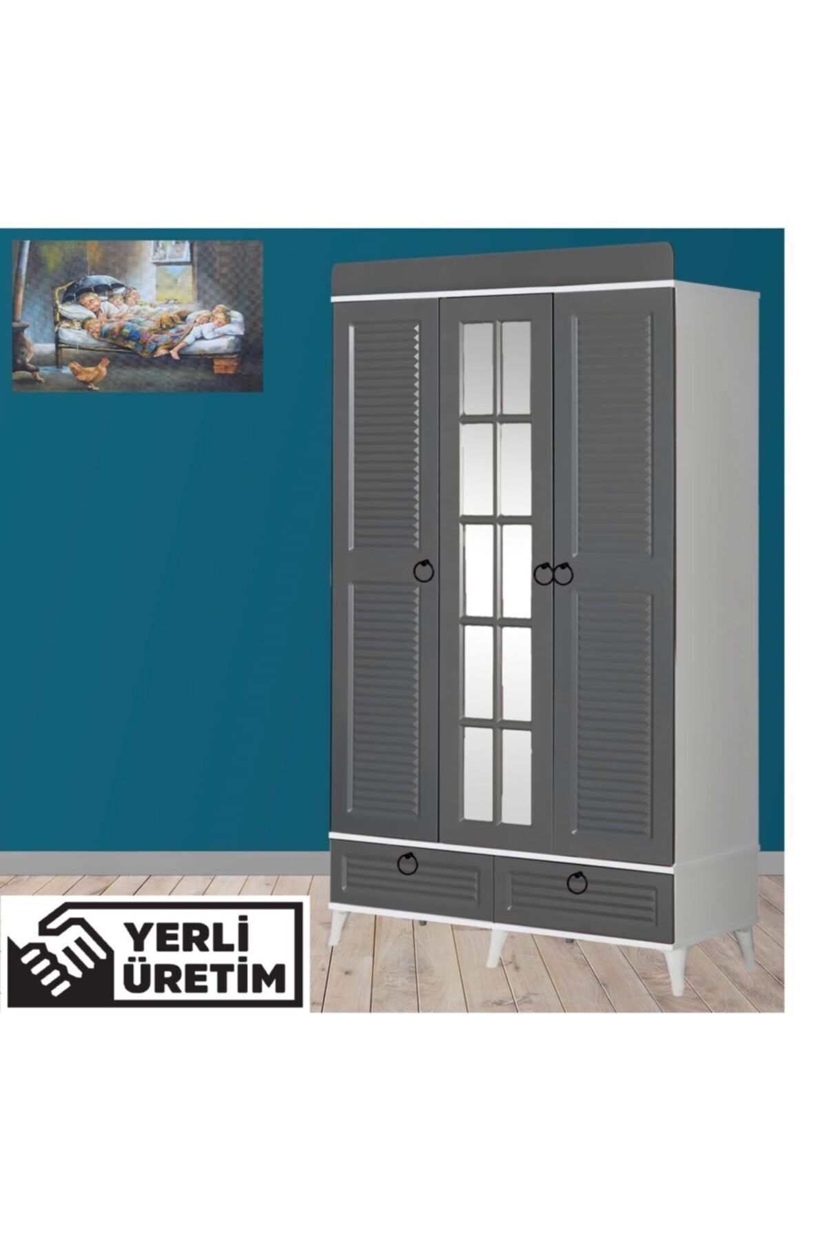 MAKİLİ MOBİLYA 2689 Batuhan 3 Kapılı Gardrop Beyaz Kabin Gri Kapak Aynalı