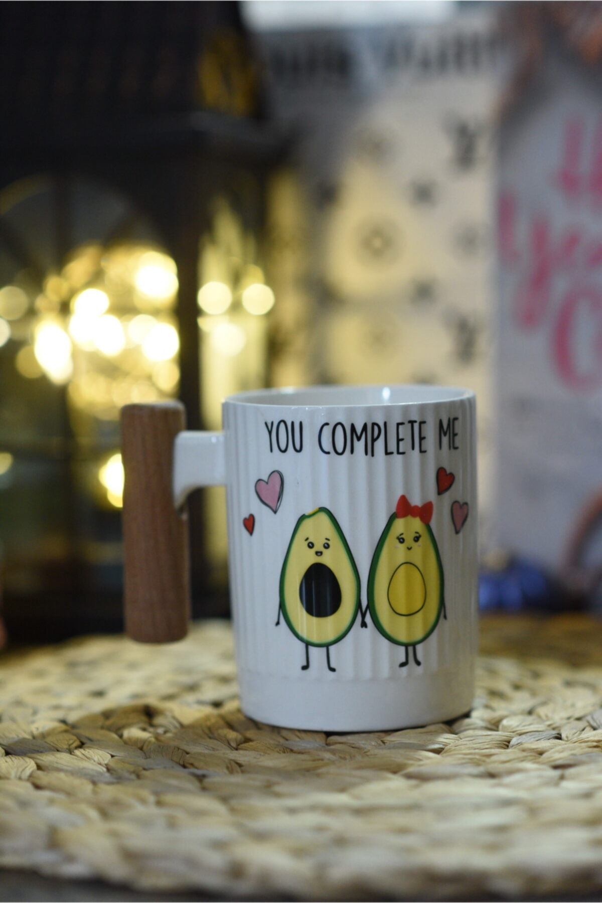 studyosercan2 Kupa Avakado 375 Ml Porselen Bambu Saplı Bardak Mug