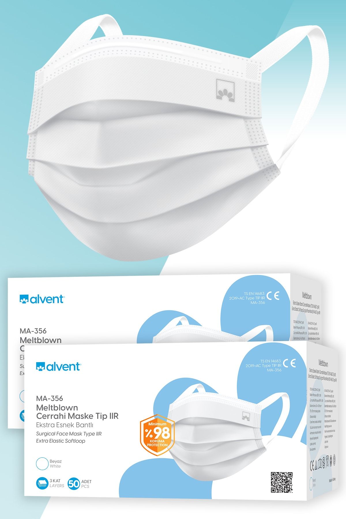 ALVENT Yumuşak Kulaklı Meltblown Maske 100 Adet - Tıp2r - ( En Az %98 Koruma - Sertifikalı ) - Beyaz