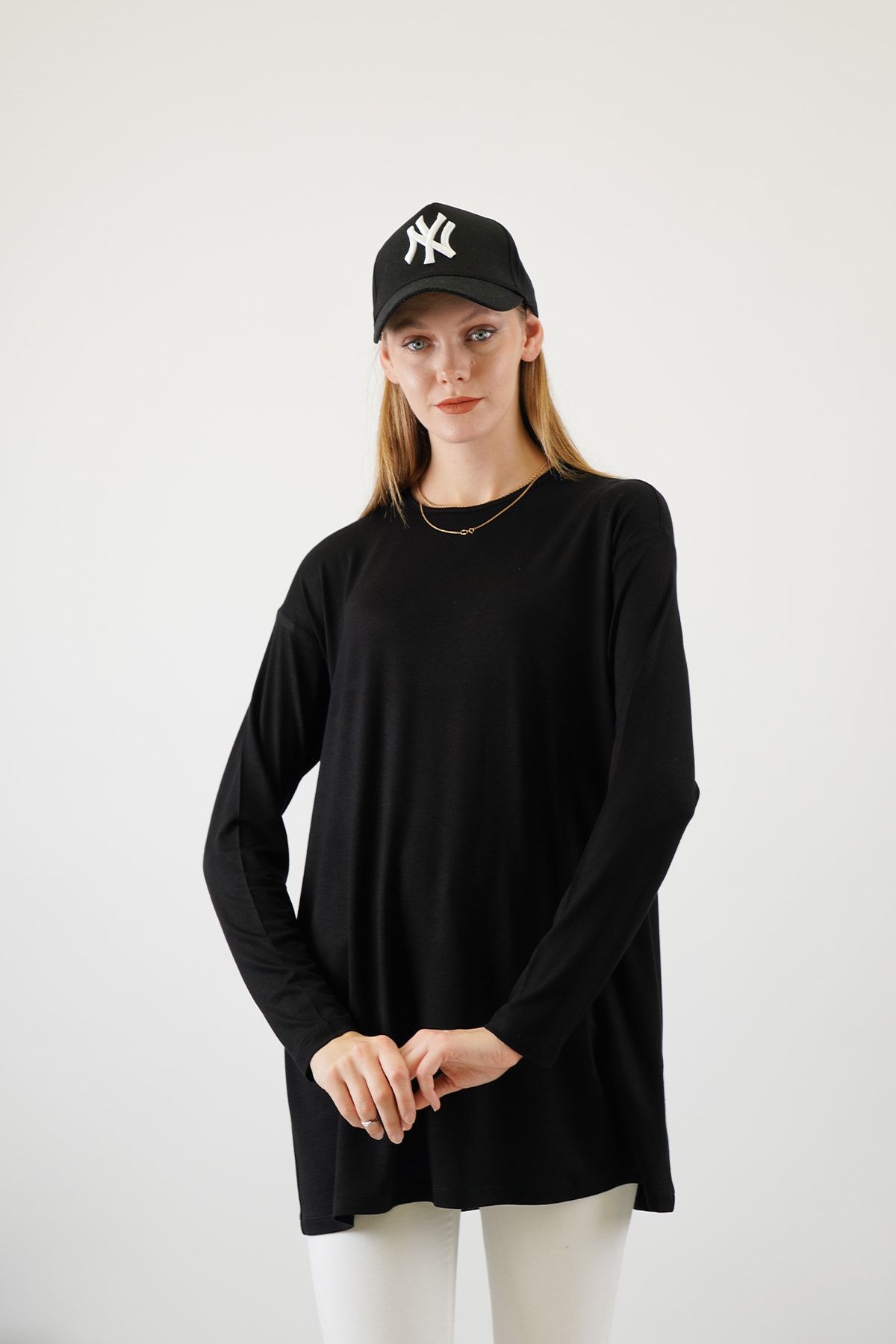 TRANQUİL'S Siyah %100 Pamuk Uzun Kollu Bisiklet Yaka Basic Oversize Penye Tunik