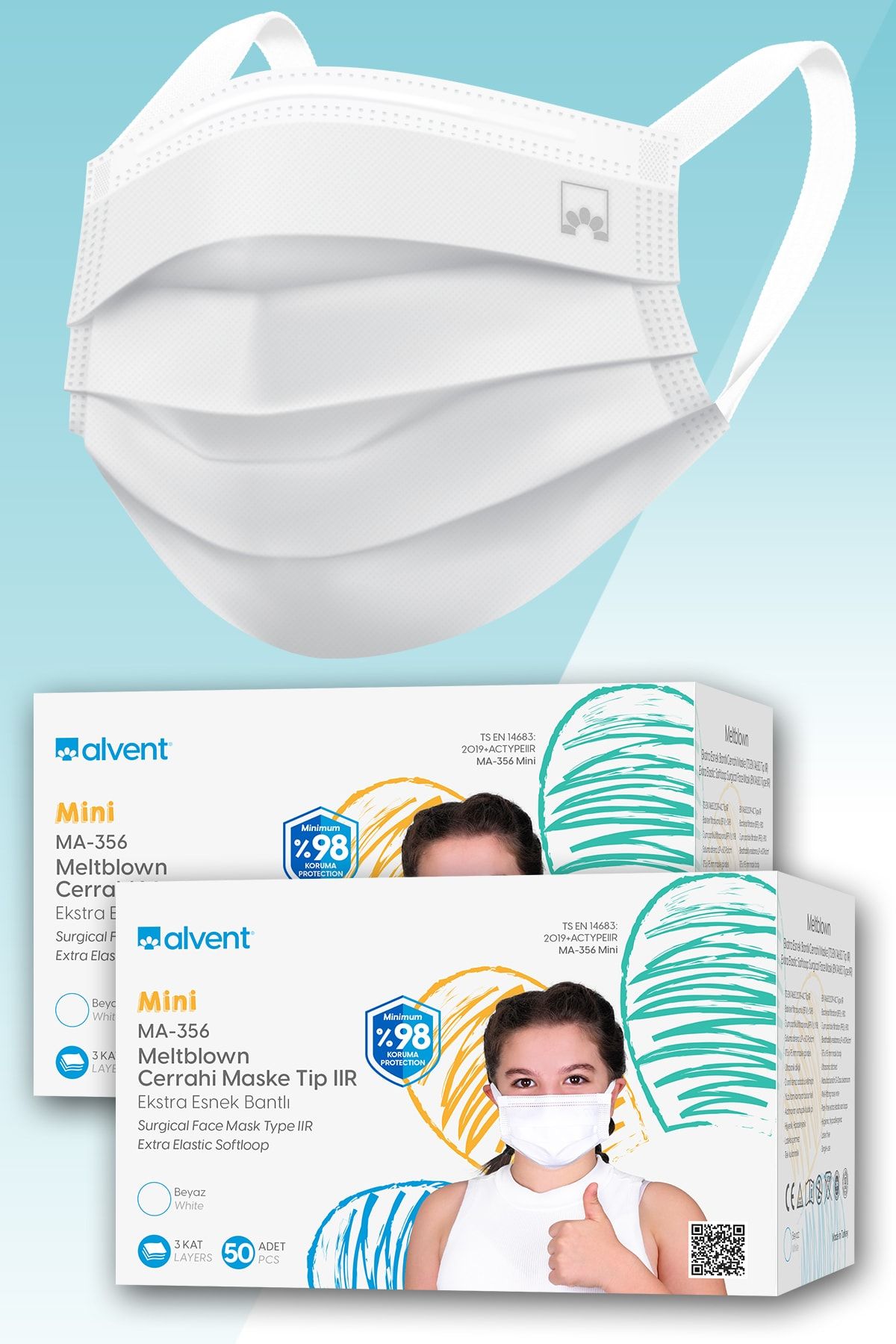 ALVENT 4-14 Yaş Çocuk Maskesi Yumuşak Kulaklı Meltblown Maske -100 Adet(EN AZ %98 KORUMA-SERTİFİKALI)-beyaz