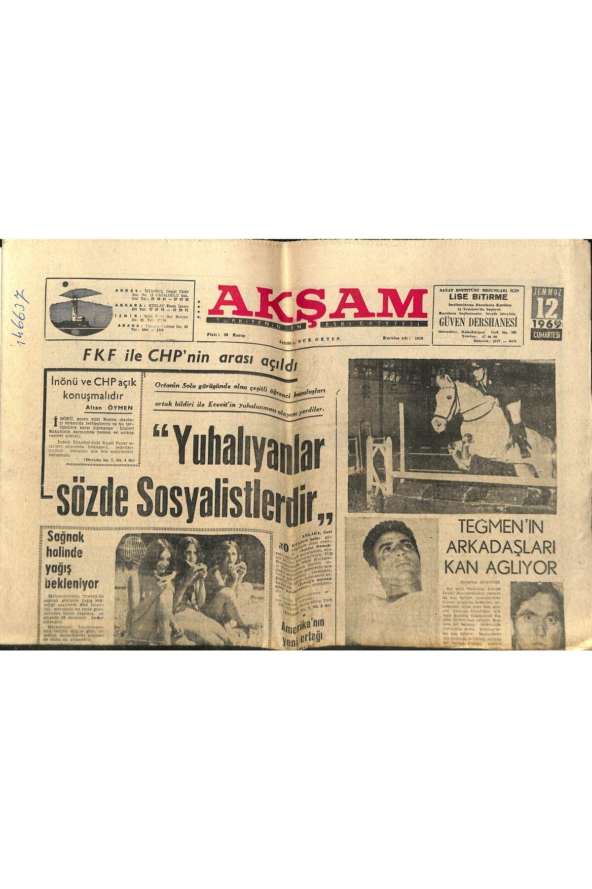 Gökçe Koleksiyon Akşam Gazetesi 12 Temmuz 1969 - Türkeş Odalar Birliği Oyununu Açıkladı