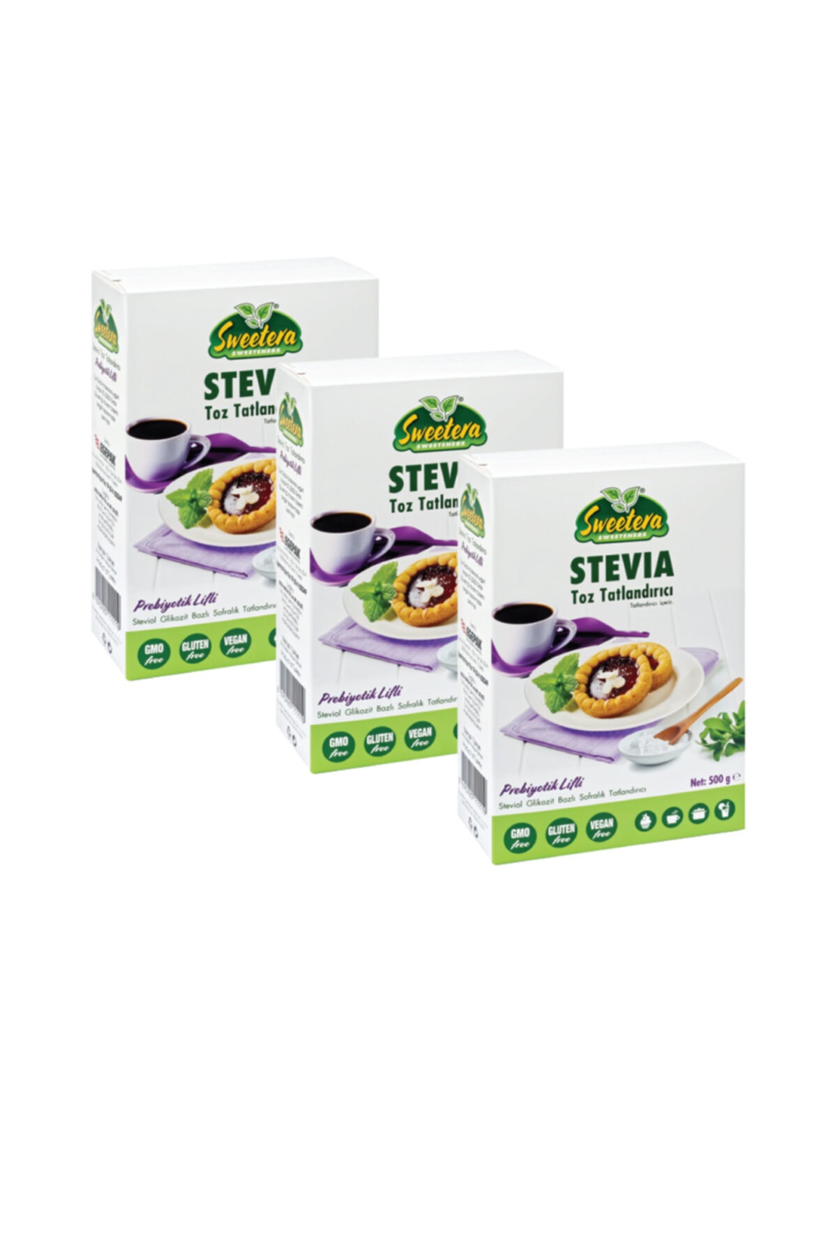 SWEETERA Stevia Prebiyotik Lifli Tatlandırıcı Toz 500 gr 3'lü+ Hediye Preven El Temizleme Mendili