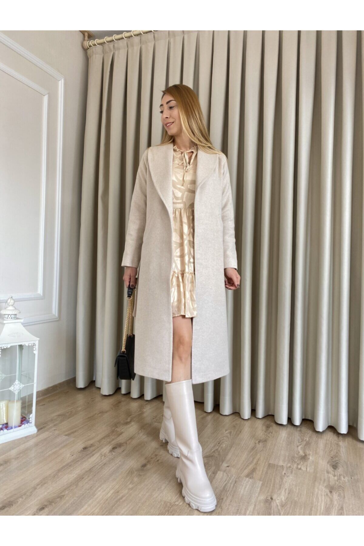 thaliastoretr Bej Kuşaklı Kaşe Kaban