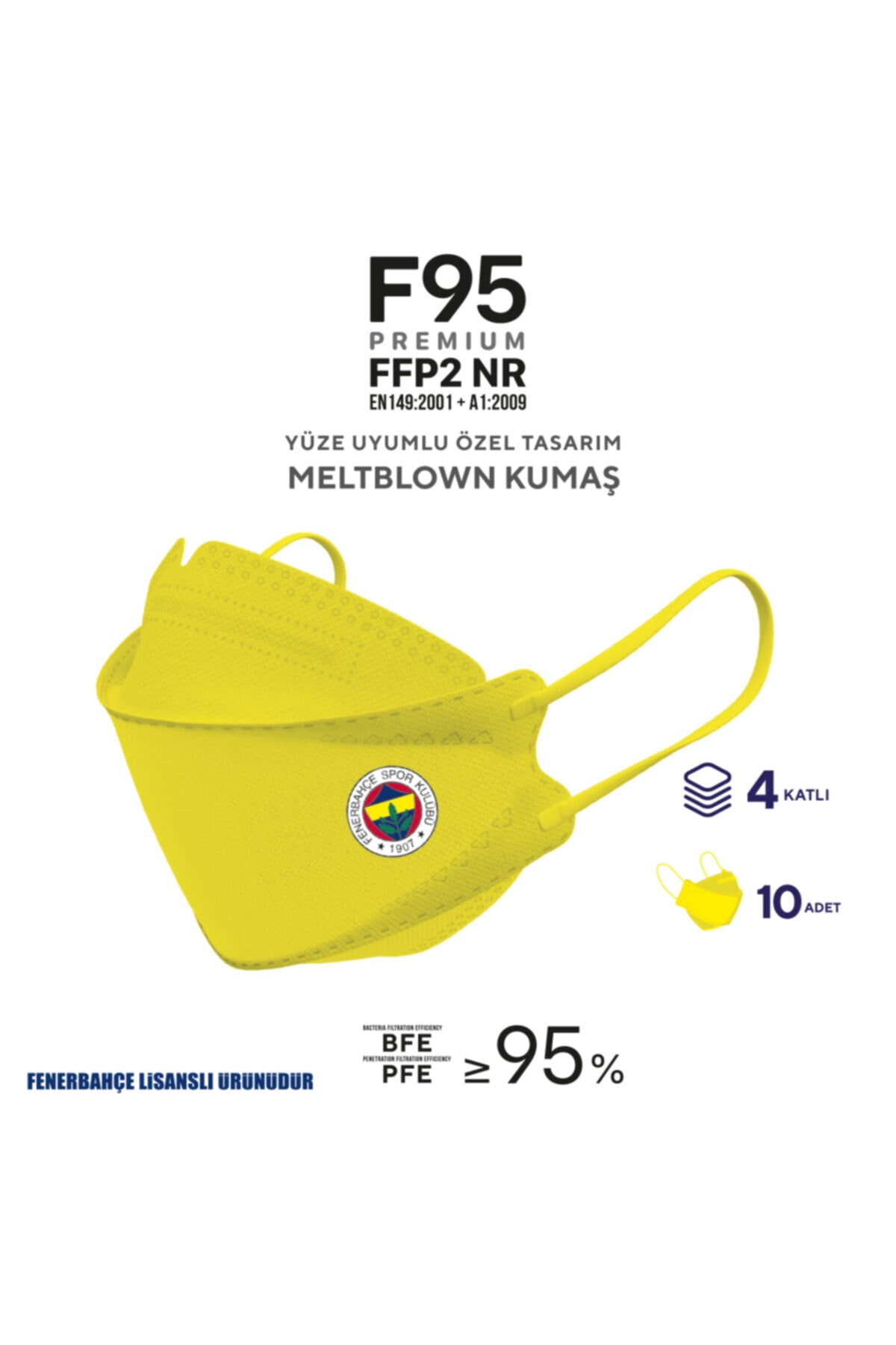 Fenerbahçe N'fes F95 Lisanslı Sarı Kore Tipi N95 Maske 1 Kutu 10 Adet