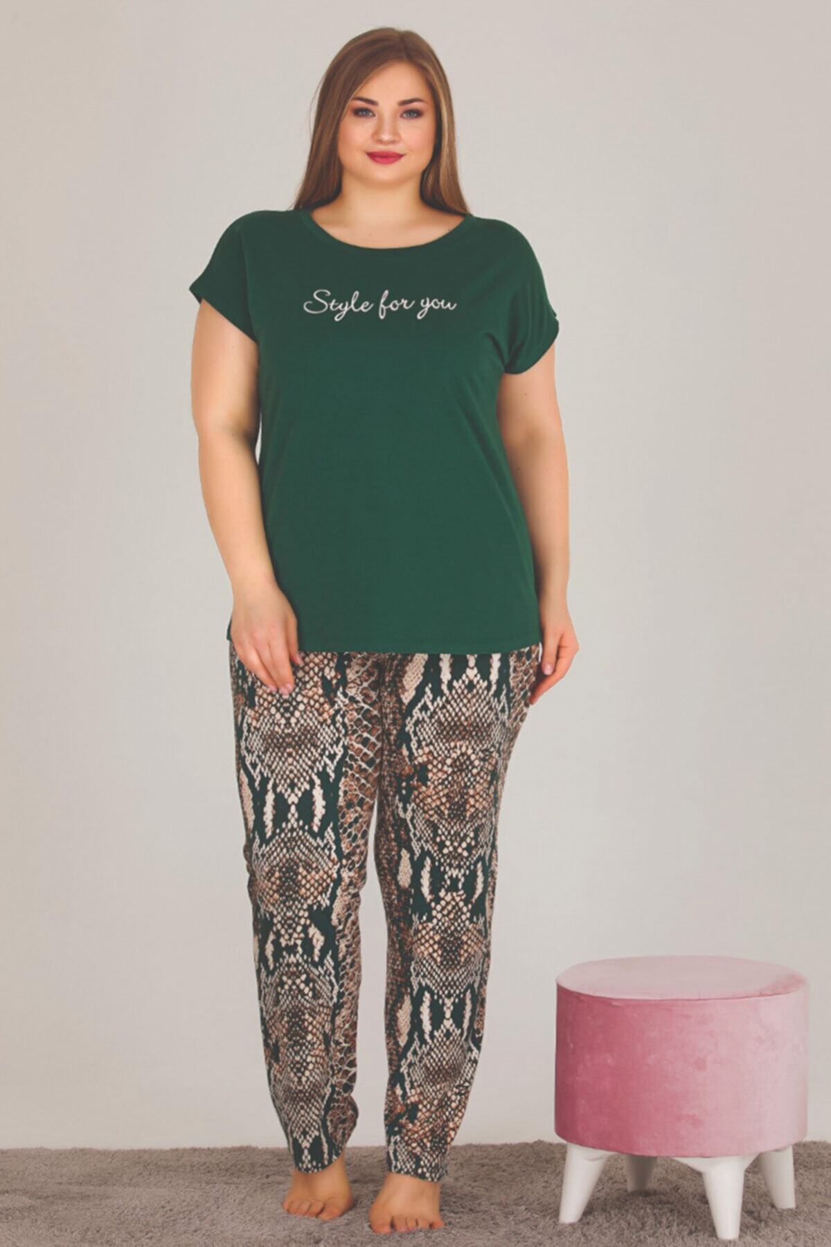 Lady Yeşil Büyük Beden Yılan Desen Kısa Kol Pijama Takımı