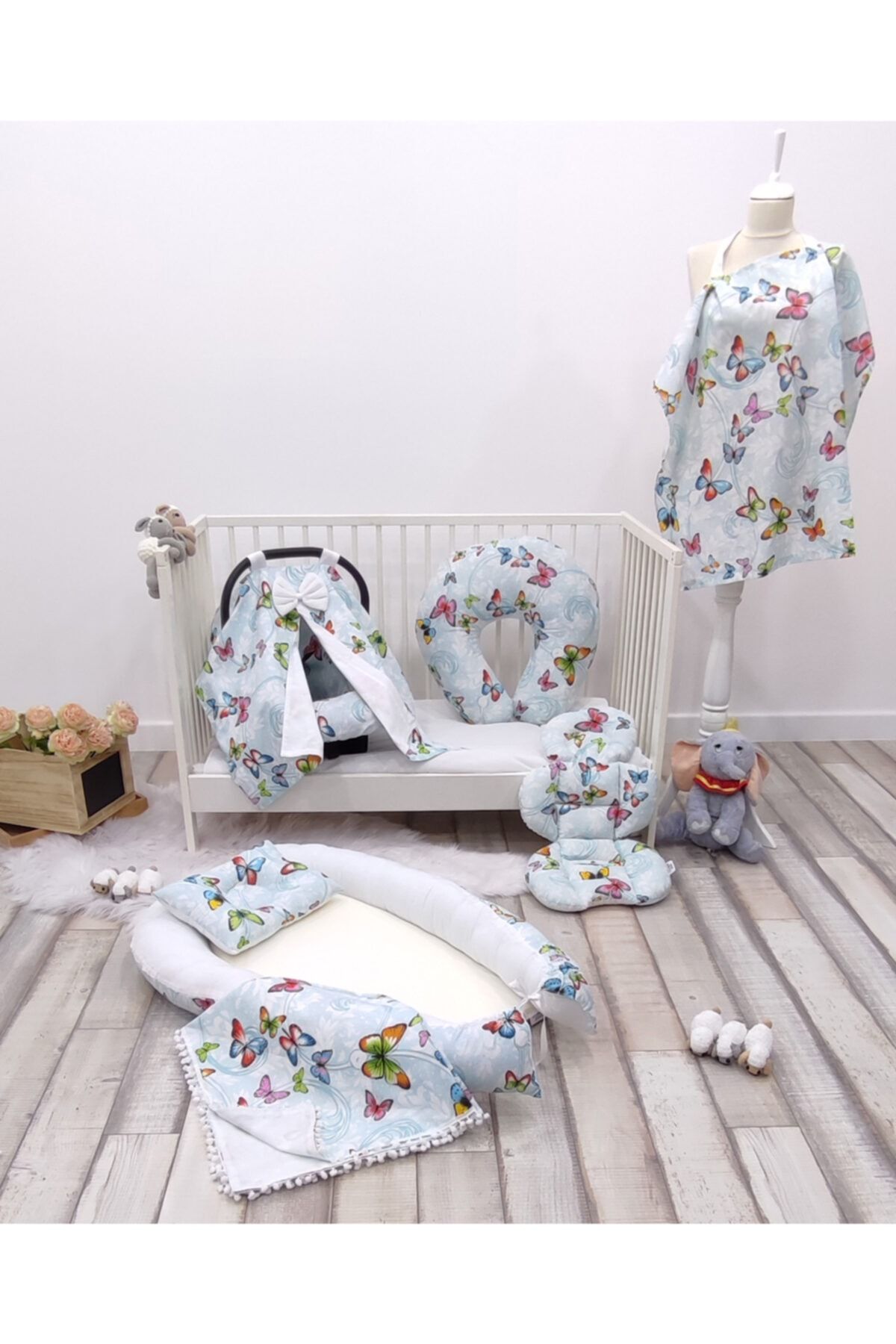 mordesign Anne Yanı Babynest Bebek Park Yatak Ve Seyahat Aksesuar 8' Li Set, %100 Pamuklu, Mavi Kelebek