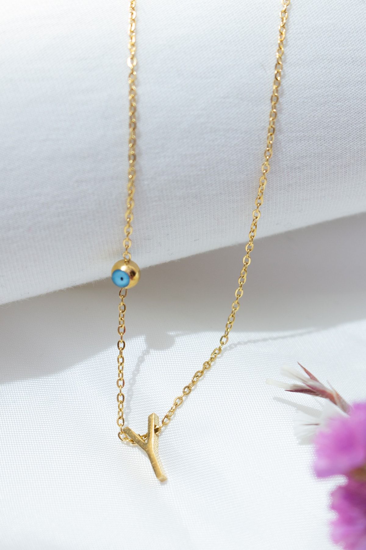 STONE CAPSULE Altın Kaplama Çelik Harfli Kolye, Y Harfi, 40cm + 5cm Zincir Uzunluğu , Kararmaz Gold Renk