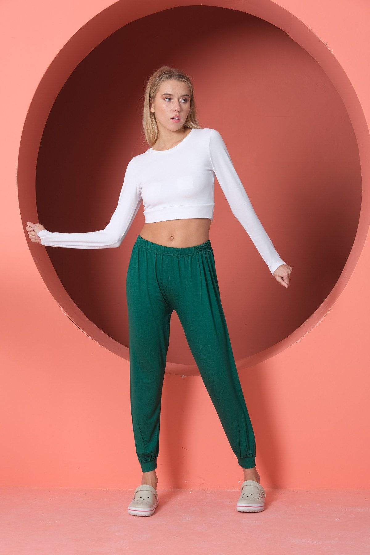 COWA Yeşil Viskon Manşetli Pijama Altı