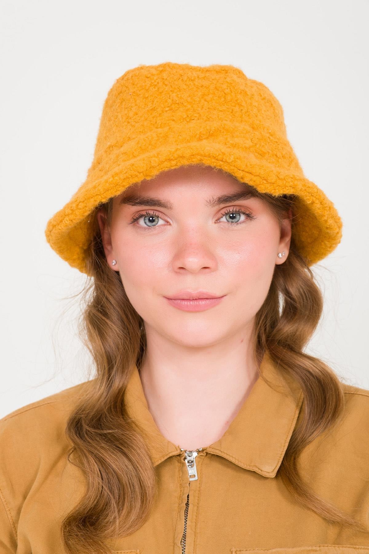 BAHELS Kadın Hardal Teddy Peluş Bucket Şapka