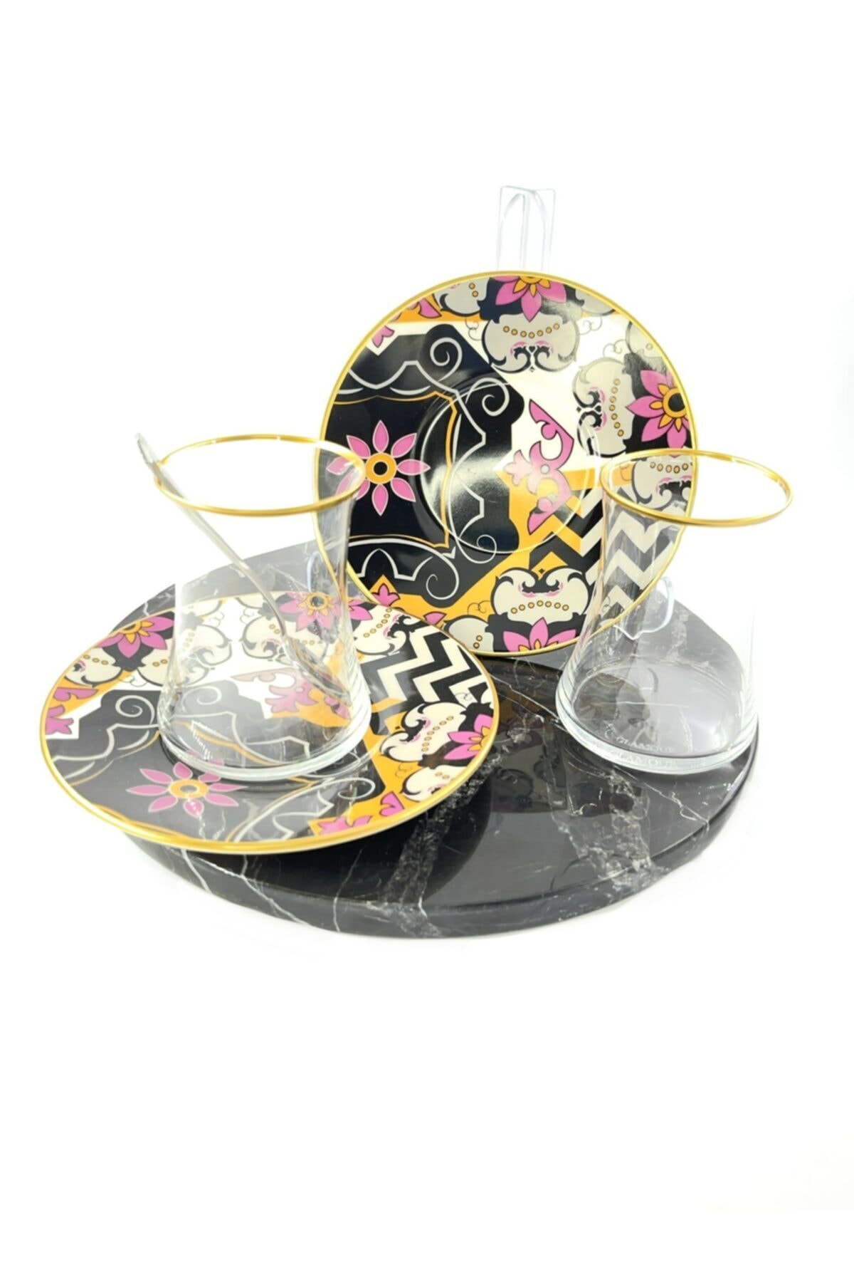 Glamour Viyalente Çay Bardağı Çay Tabağı 12 Parça Lüx Çay Bardağı Takımı Seti Black Siyah 2
