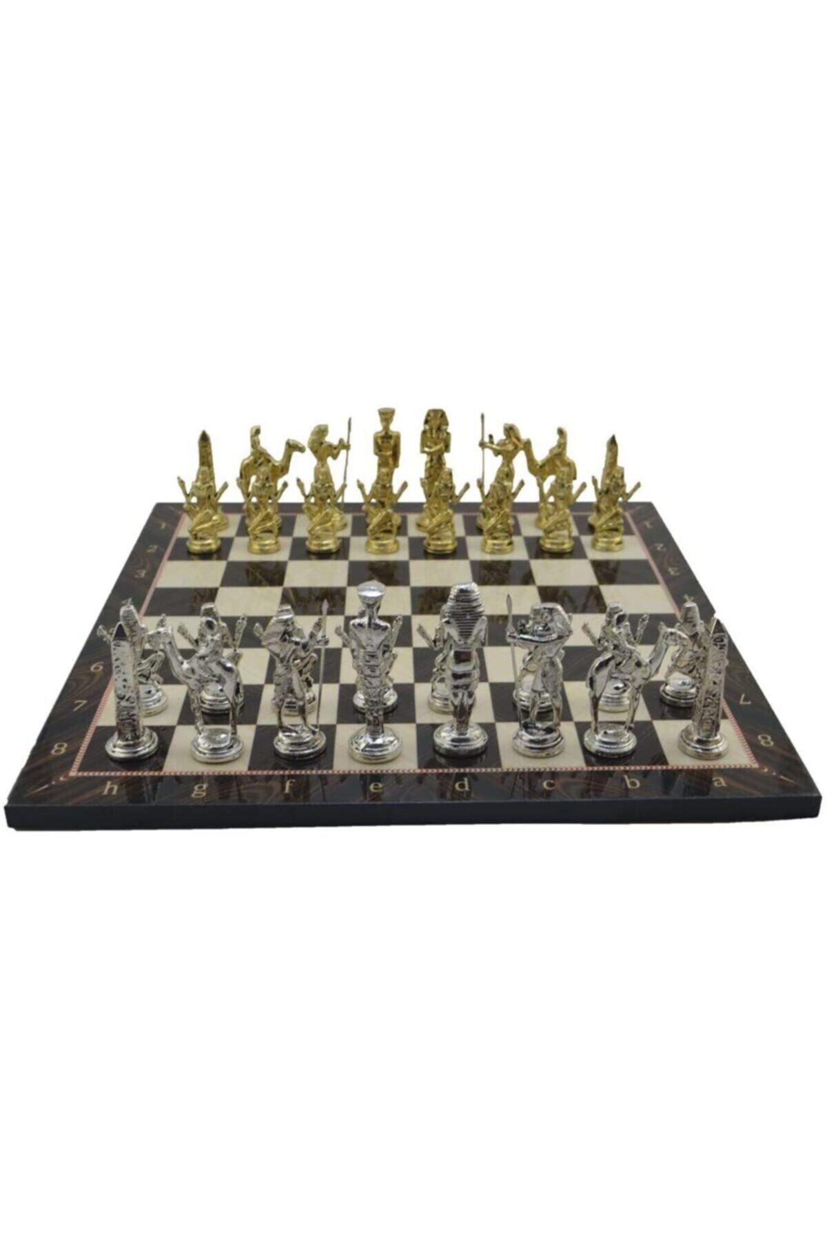 HEDİYELİKEŞYADÜKKANI Metal Mısır Satranç Takımı Orta Boy Parlak Ve Ceviz Desenli Mdf Ahşap Satranç Tahtası (37X37 CM.)