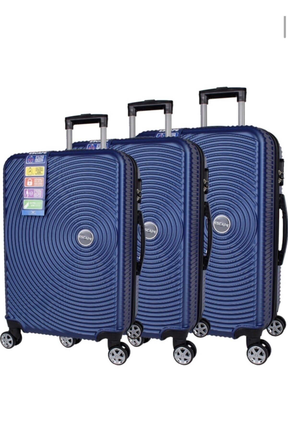 ESCAPE 072 Lacivert Abs Kırılmaz 8 Tekerlekli 3 Lü Set Takım Valiz