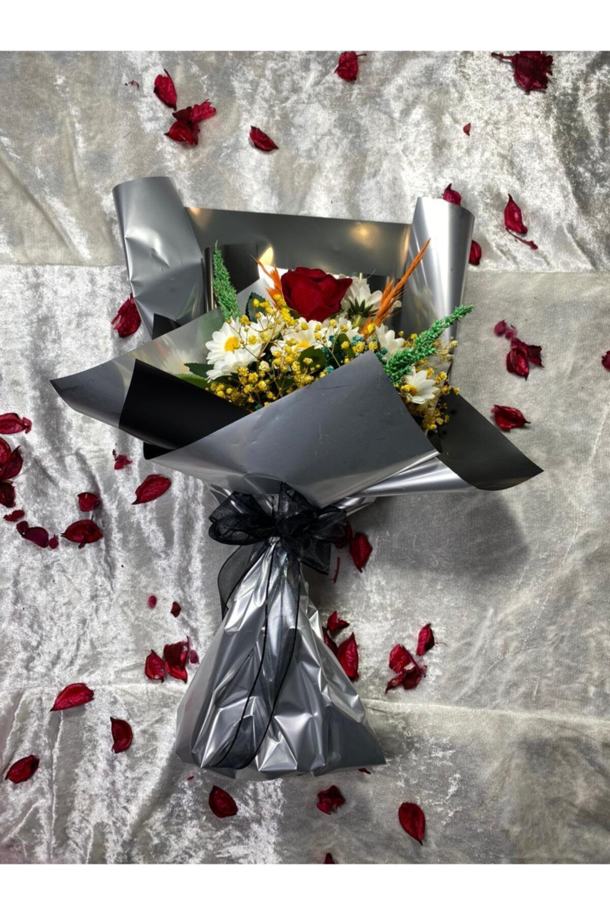 Yapay Buket Papatya & Gülden Yapılmış Kuru & Şoklanmış Renkli Sonsuz Buketi
