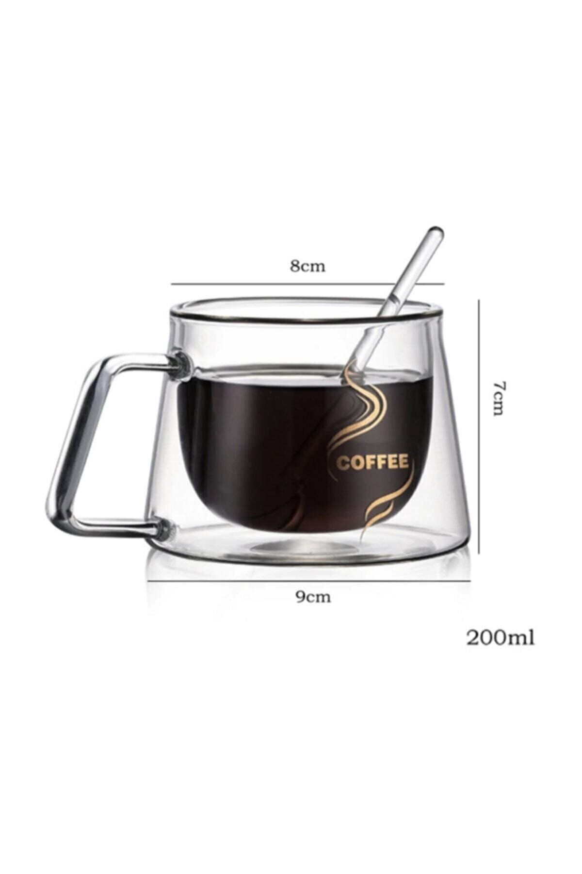 Cagla Homes Çift Camlı Bardak Çift Cidarlı Kupa Fincan 200ml Çift Katmanlı Kulplu Cam Bardak