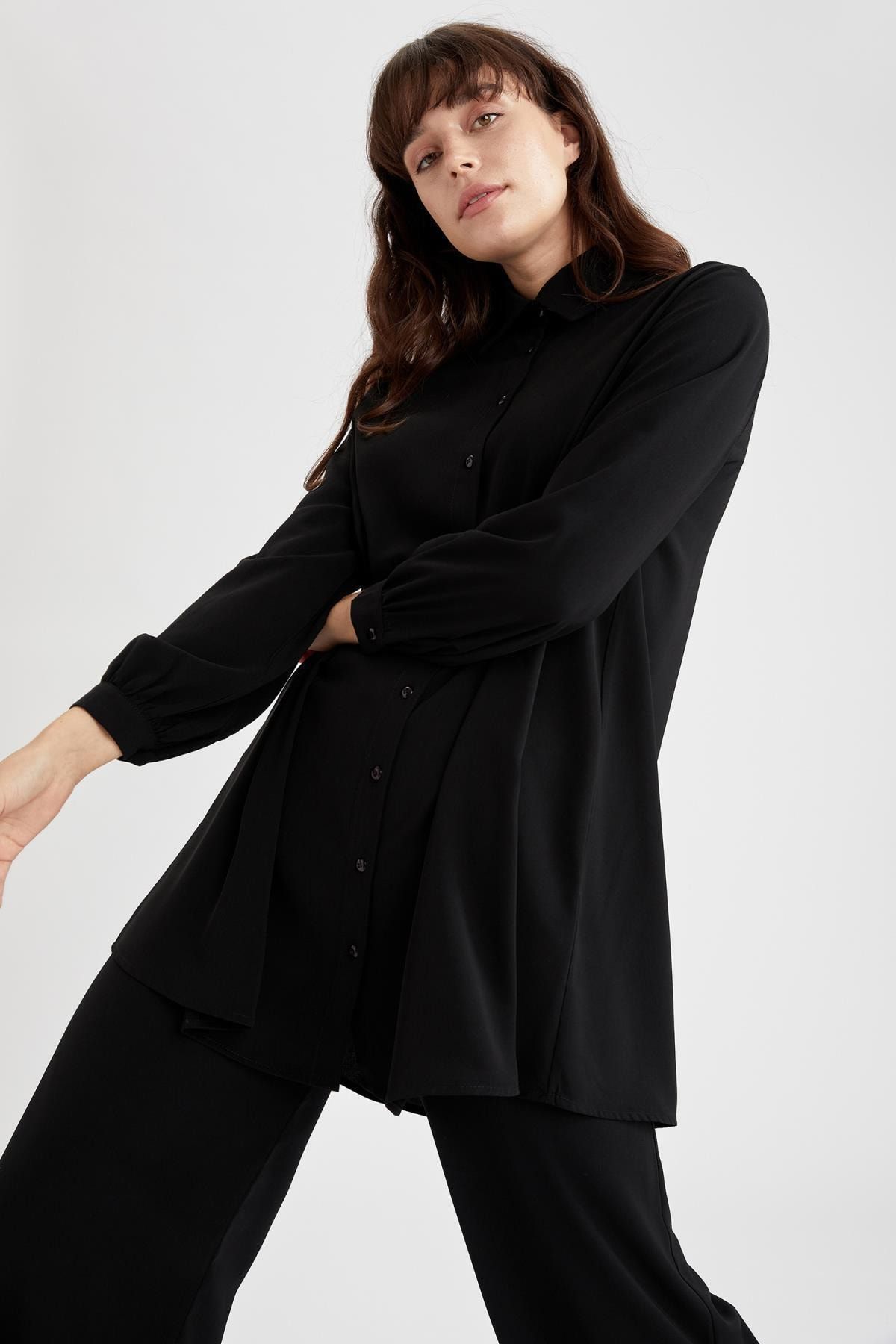 DeFacto Kadın Siyah Basic Oversize Fit Uzun Kollu Gömlek Tunik W2418AZ21AU