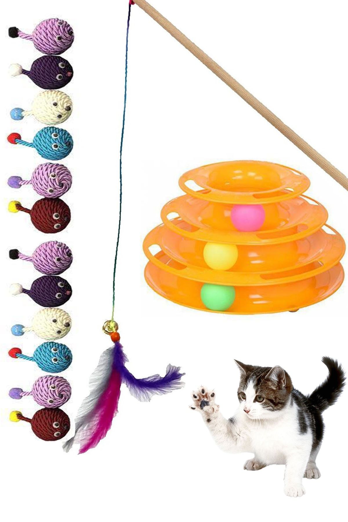 ATÖLYEMAVM Kedi 3 Katlı Oyuncak , Sarma Gözlü Top , Tüzlü Zilli Olta Set