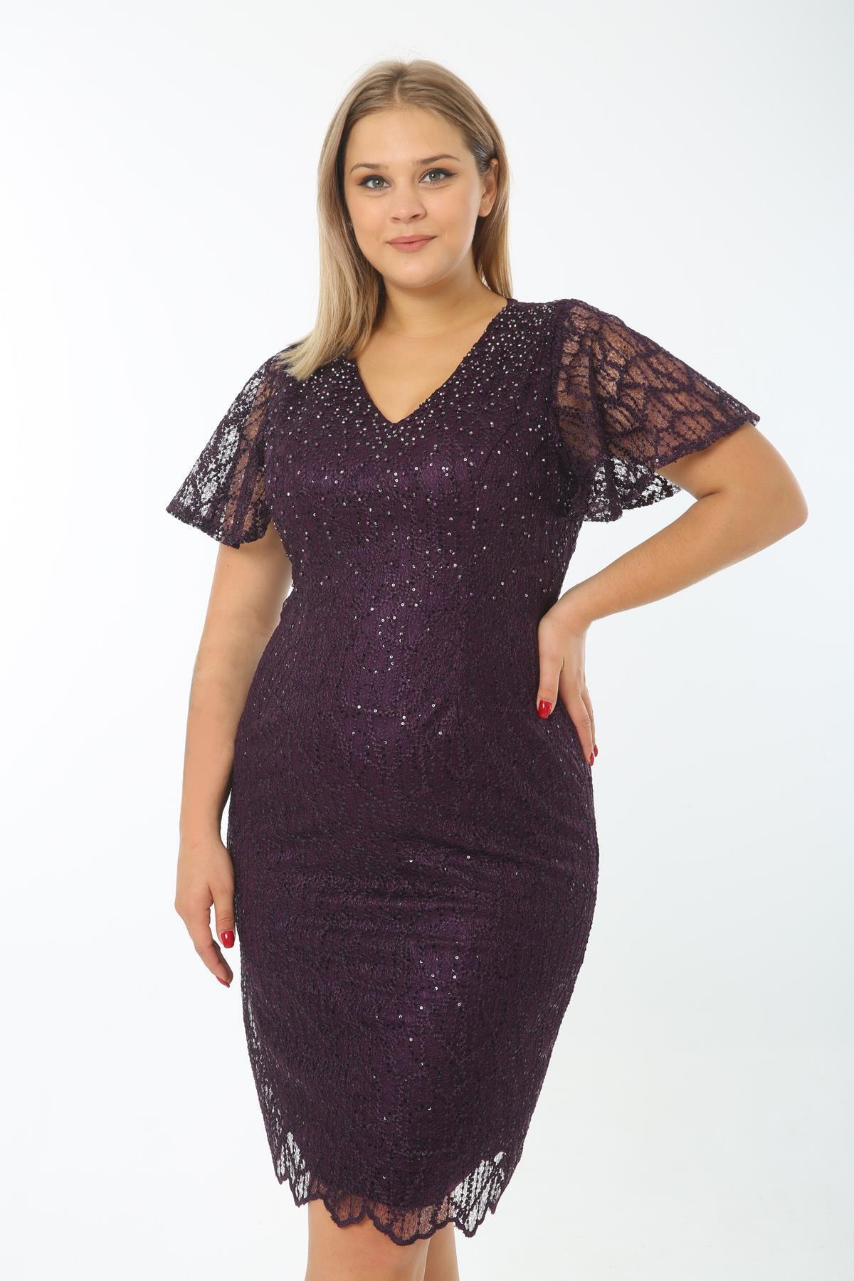 Ladies First Büyük Beden 3475 Patlıcan Ara Boy Abiye Elbise