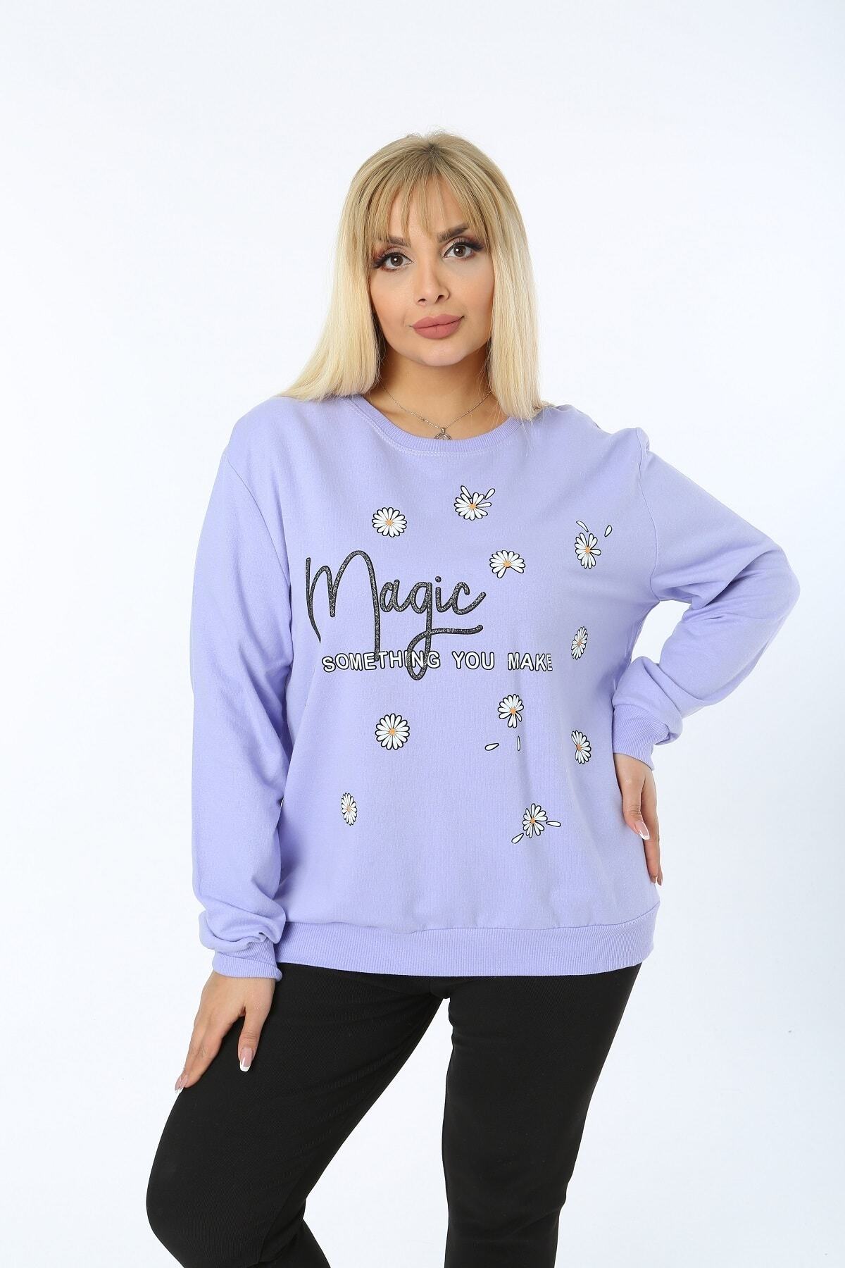 Butik Şımarık Kadın Büyük Beden Papatya Baskılı Oversize Lila Sweatshirt Pamuklu Kumaş