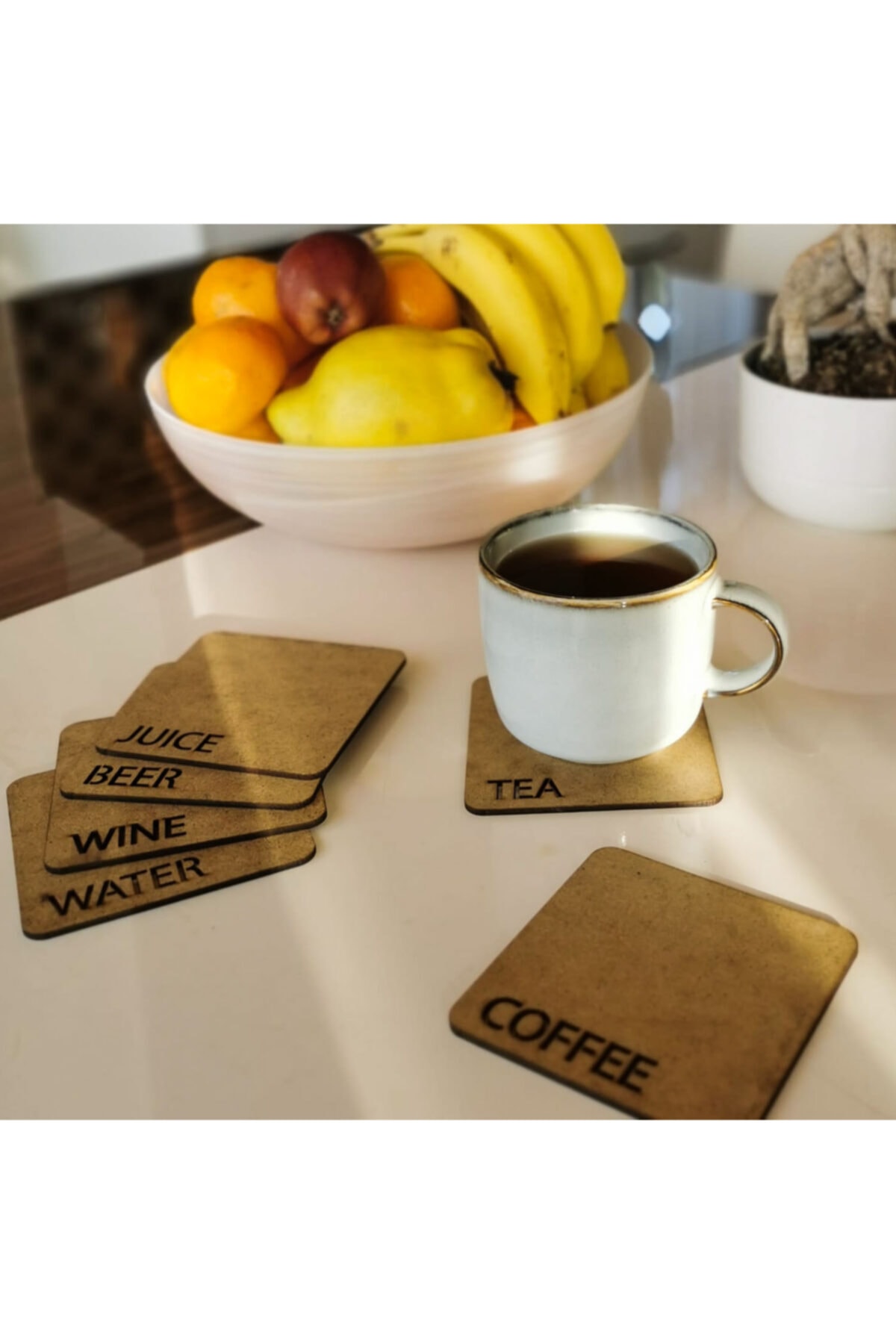 Timbcraft Kahve Çay Yazılı Tasarım Mdf Ahşap 6 Lı Adet Bardak Altlığı