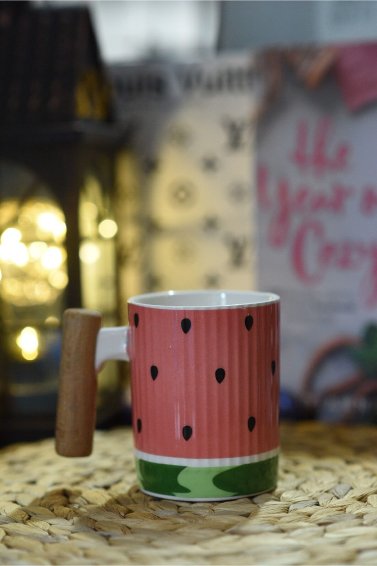 studyosercan2 Kupa Karpuz Çift Taraflı Baskı 375 Ml Porselen Bambu Saplı Bardak Mug