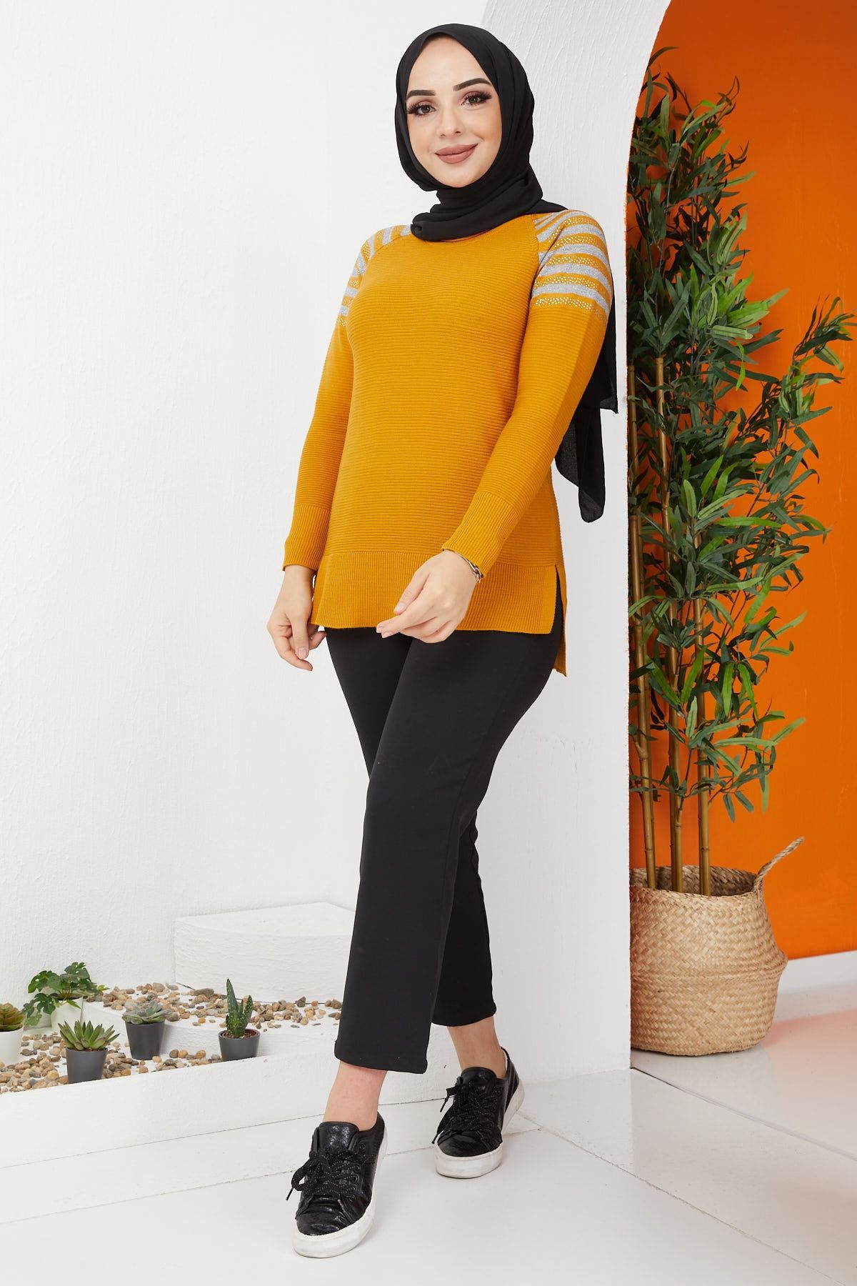 İmajButik Omuz Şerit Detaylı Triko Kazak/hardal