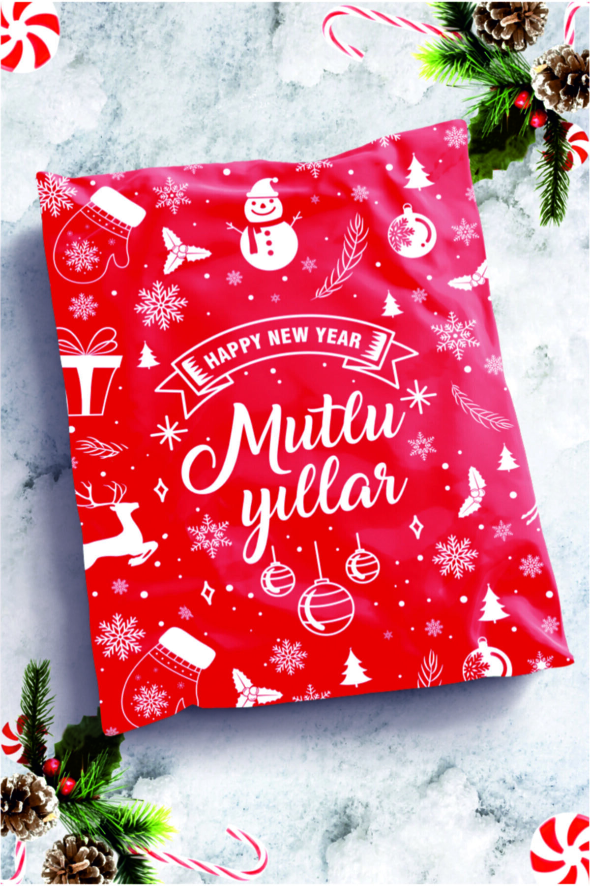 KAĞIT POŞET STORE Yılbaşı Özel Kargo Poşeti 35x45 Cm Baskılı 100 Adet'li Paket