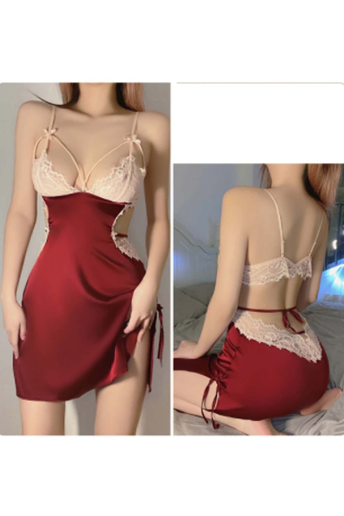 KBR FLARESHOP Kadın Seksi Kırmızı Saten Gecelik Seti