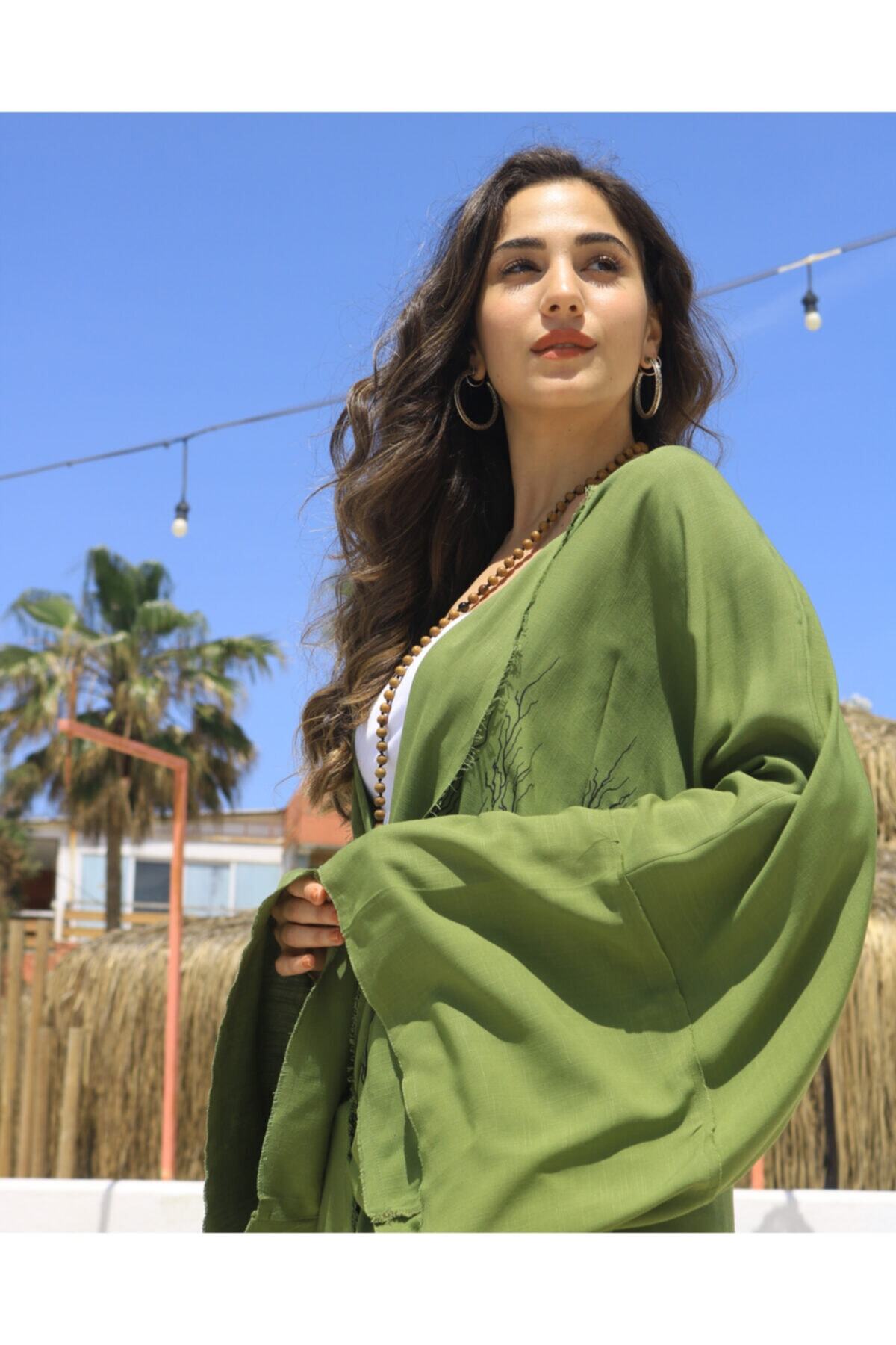 Husufi Agena Bağlamalı %100 Keten Mini Kimono
