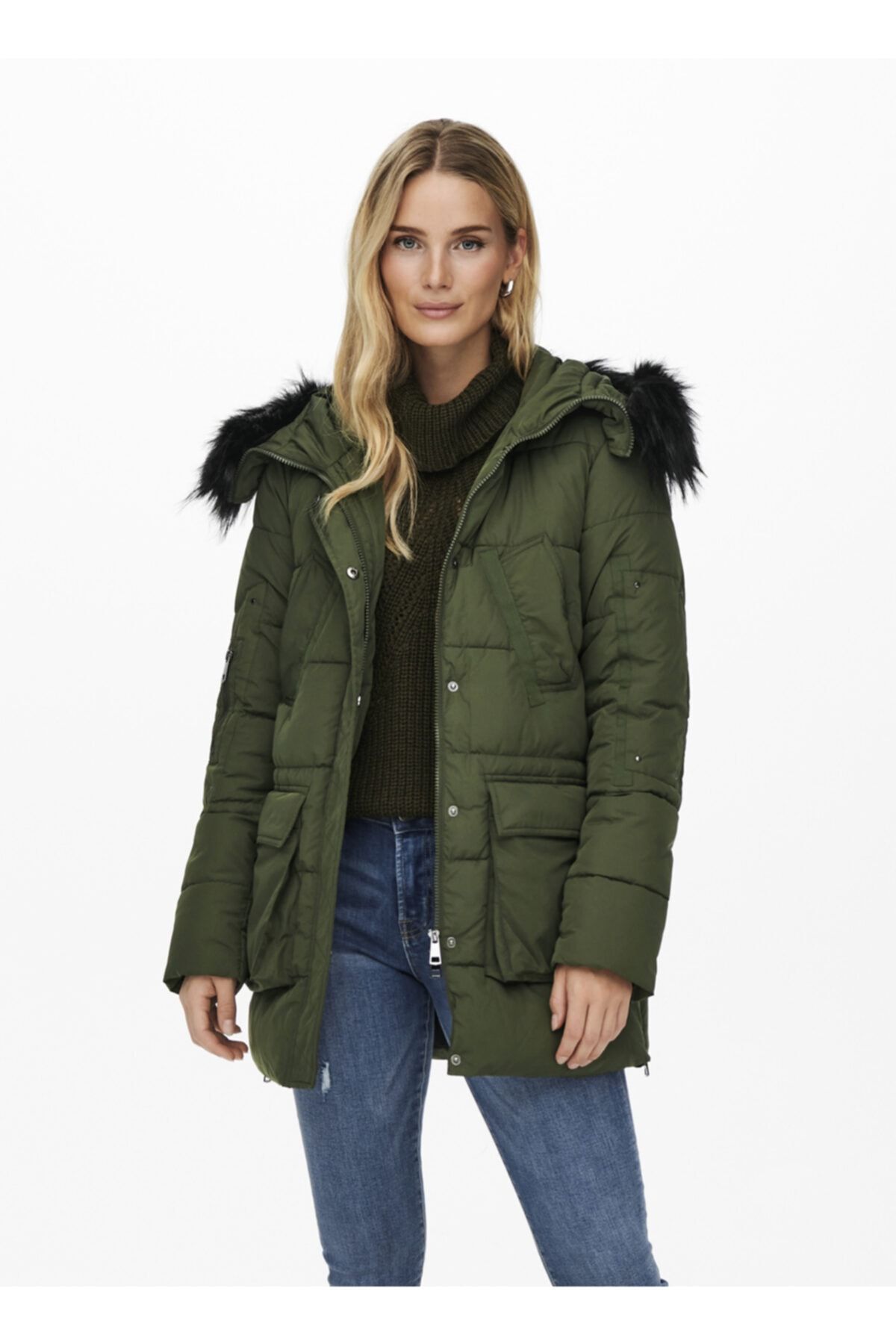Only Jdydina Padded Parka Otw Zhs Normal Kalıp Düz Koyu Yeşil Kadın Ceket