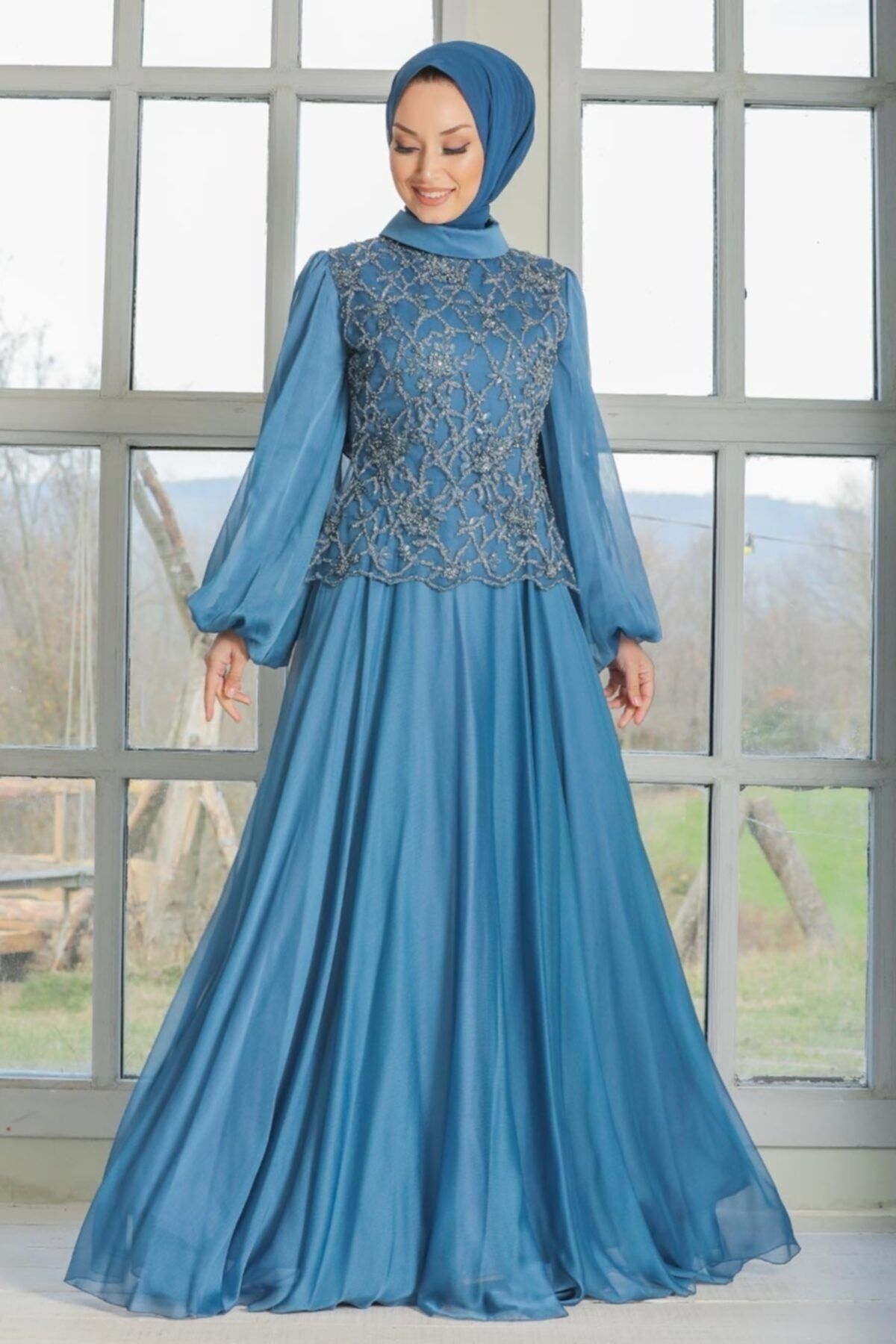 Neva Style Tesettürlü Abiye Elbise - Dantelli Indigo Mavisi Tesettür Abiye Elbise 3322ım