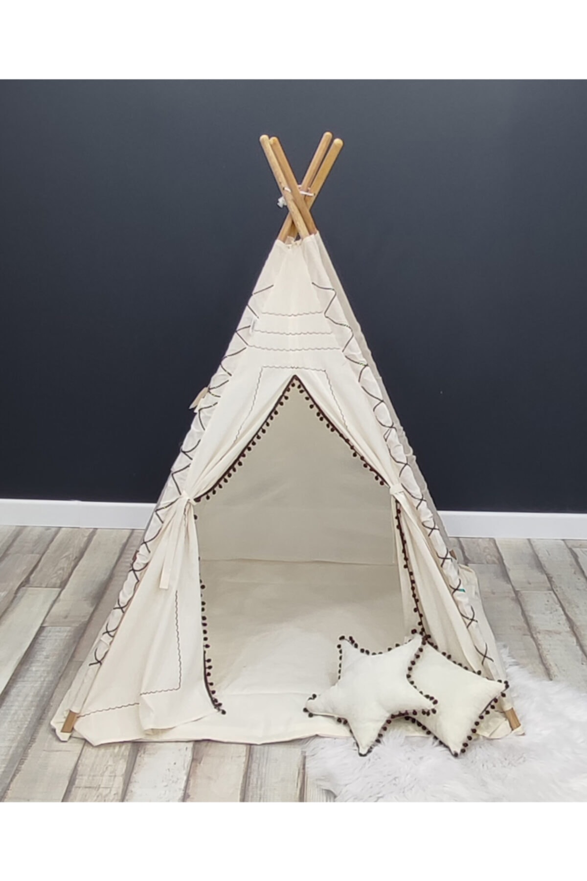mordesign Ahşap Direkli, Büyük Boy Pencereli Handmade Nakışlı Doğal Çocuk Oyun Çadırı