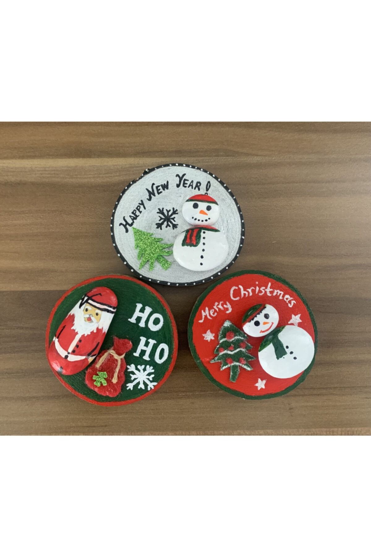 GÖNEN YÖRESEL Yeni Yıl Hediyesi Ahşap Üstü Taş Boyama 3’ Lü Magnet Seti Ebruli Art