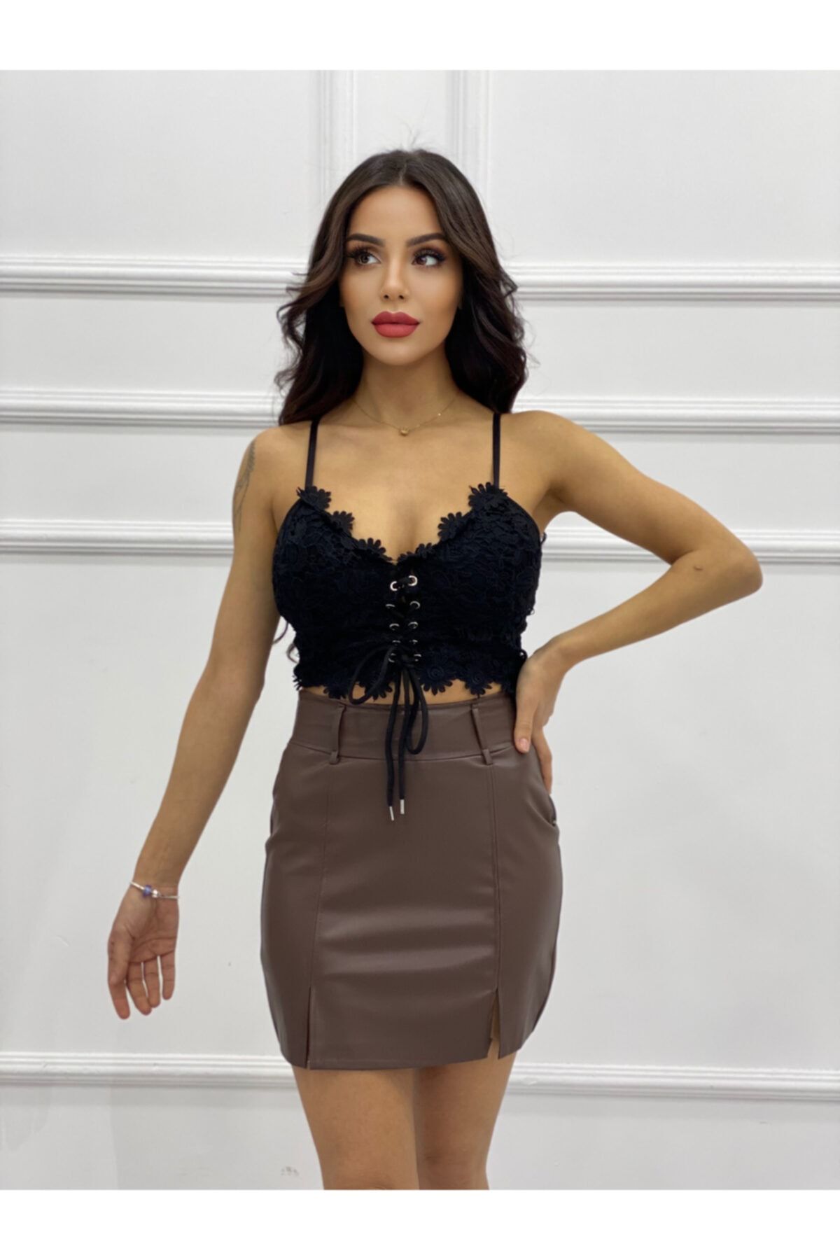 JellyBon Kadın Taba Yırtmaçlı Fermuarlı Mini Deri Etek