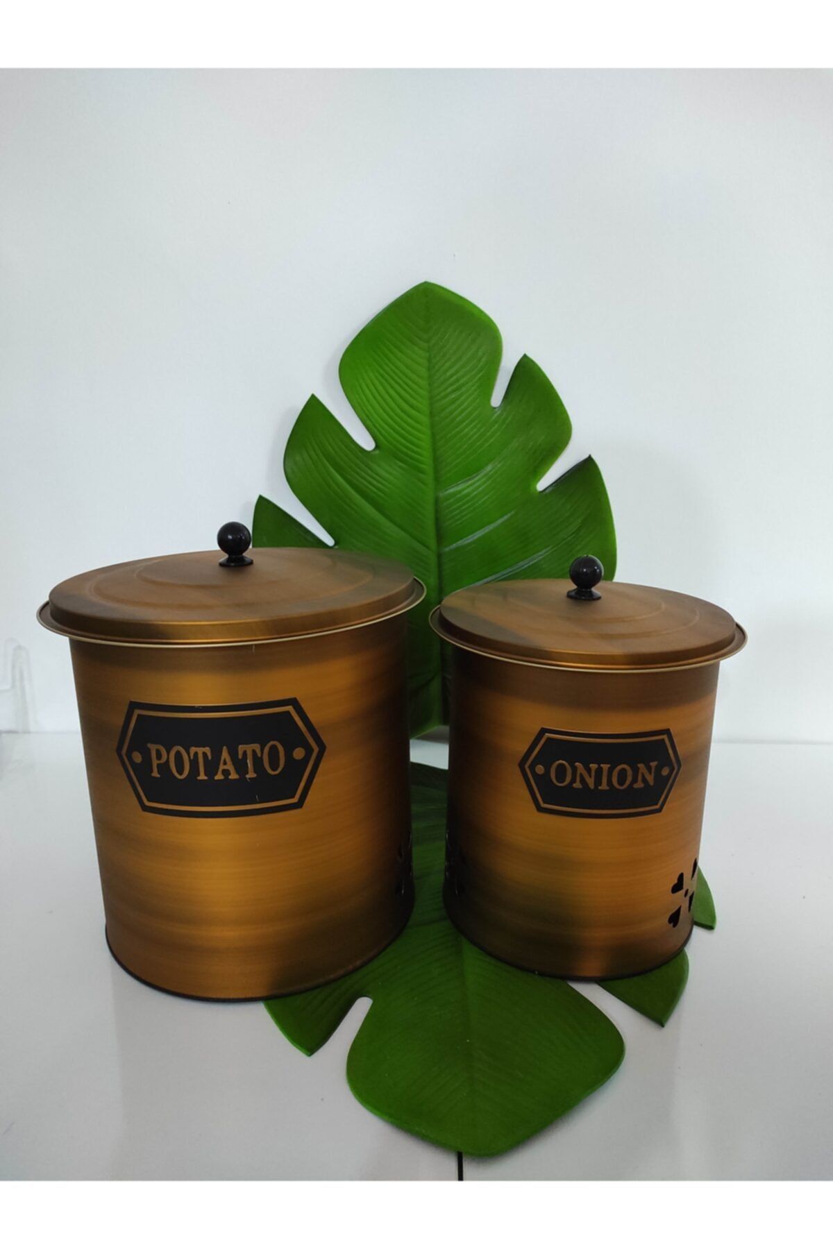 MorzaYolu Metal Patates Soğan 2 Li Set (çap:23 Yuk:24cm/çap:19 Yuk:22cm) Gold Eskitme